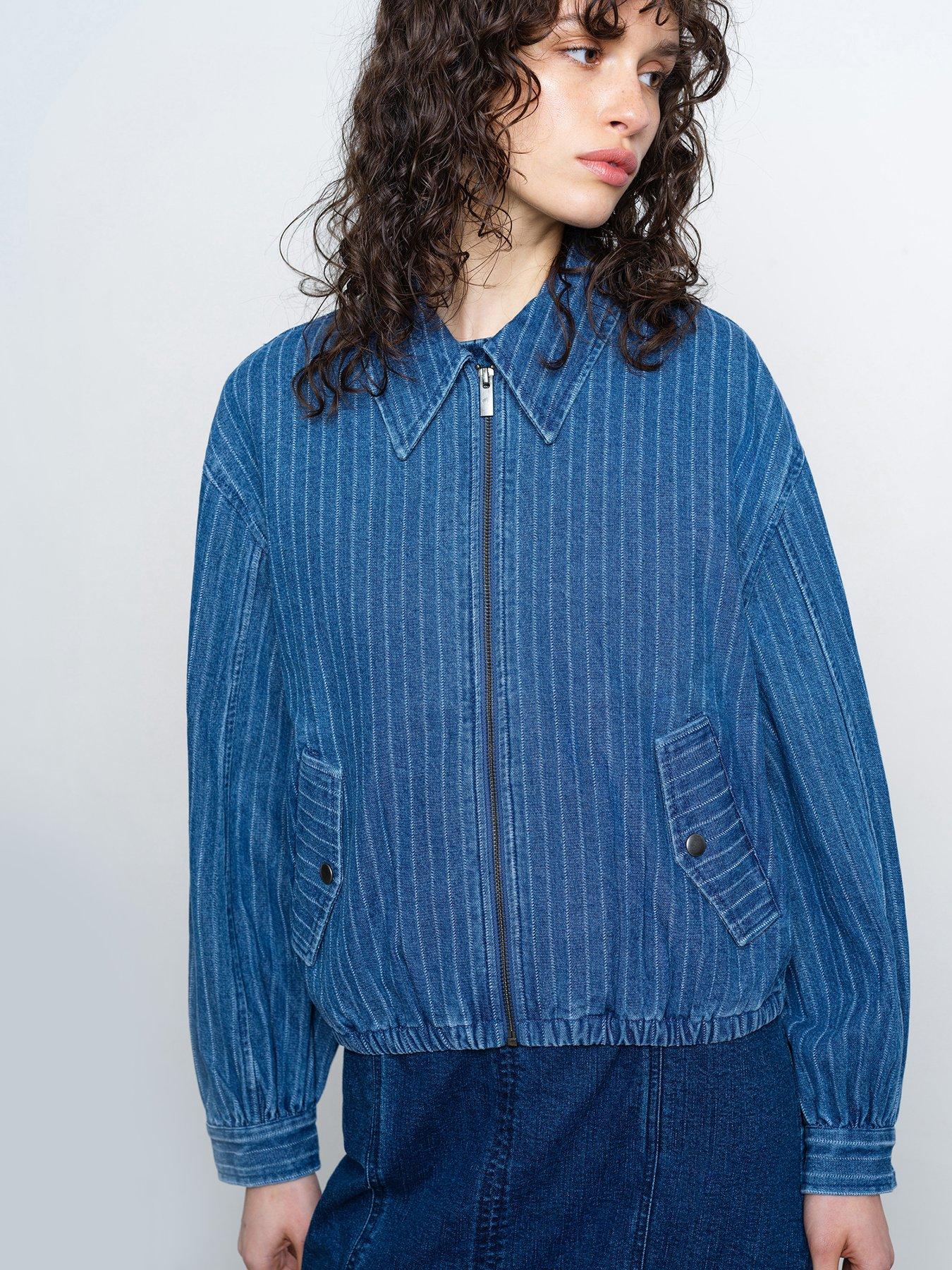French Connection Cotton Pinstripe Denim Bomber Jacket