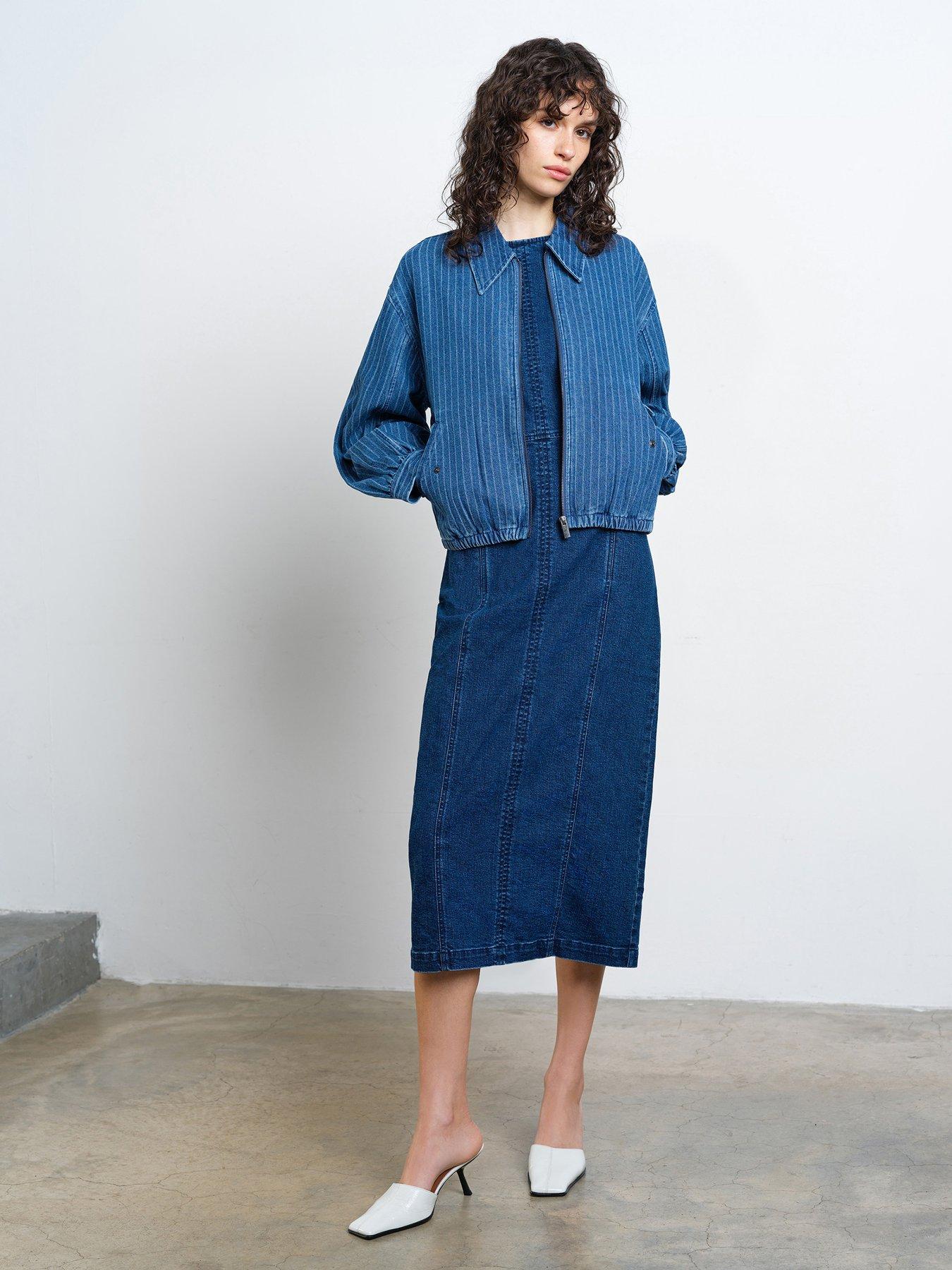  image of french-connection-cotton-pinstripe-denim-bomber-jacket