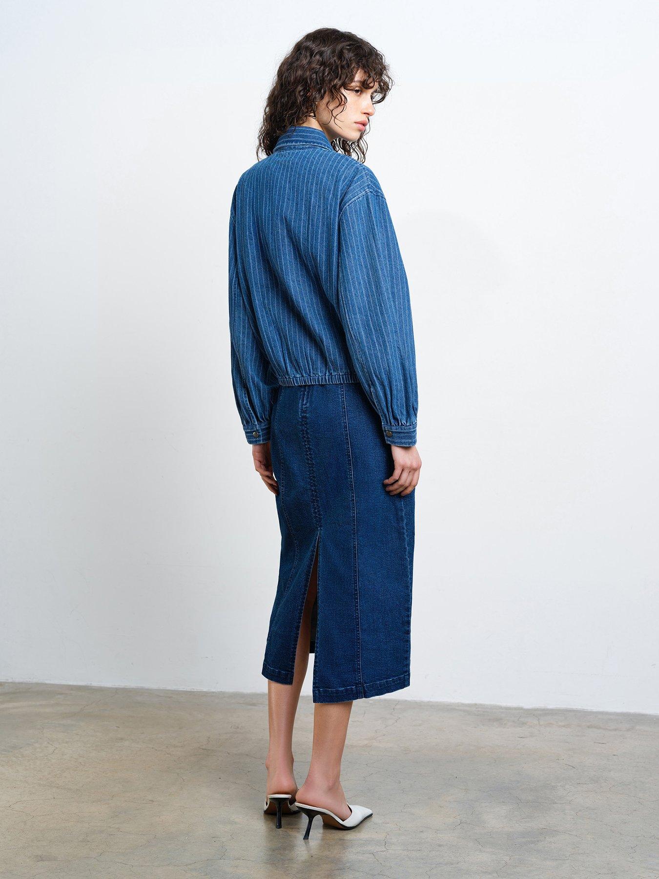  image of french-connection-cotton-pinstripe-denim-bomber-jacket