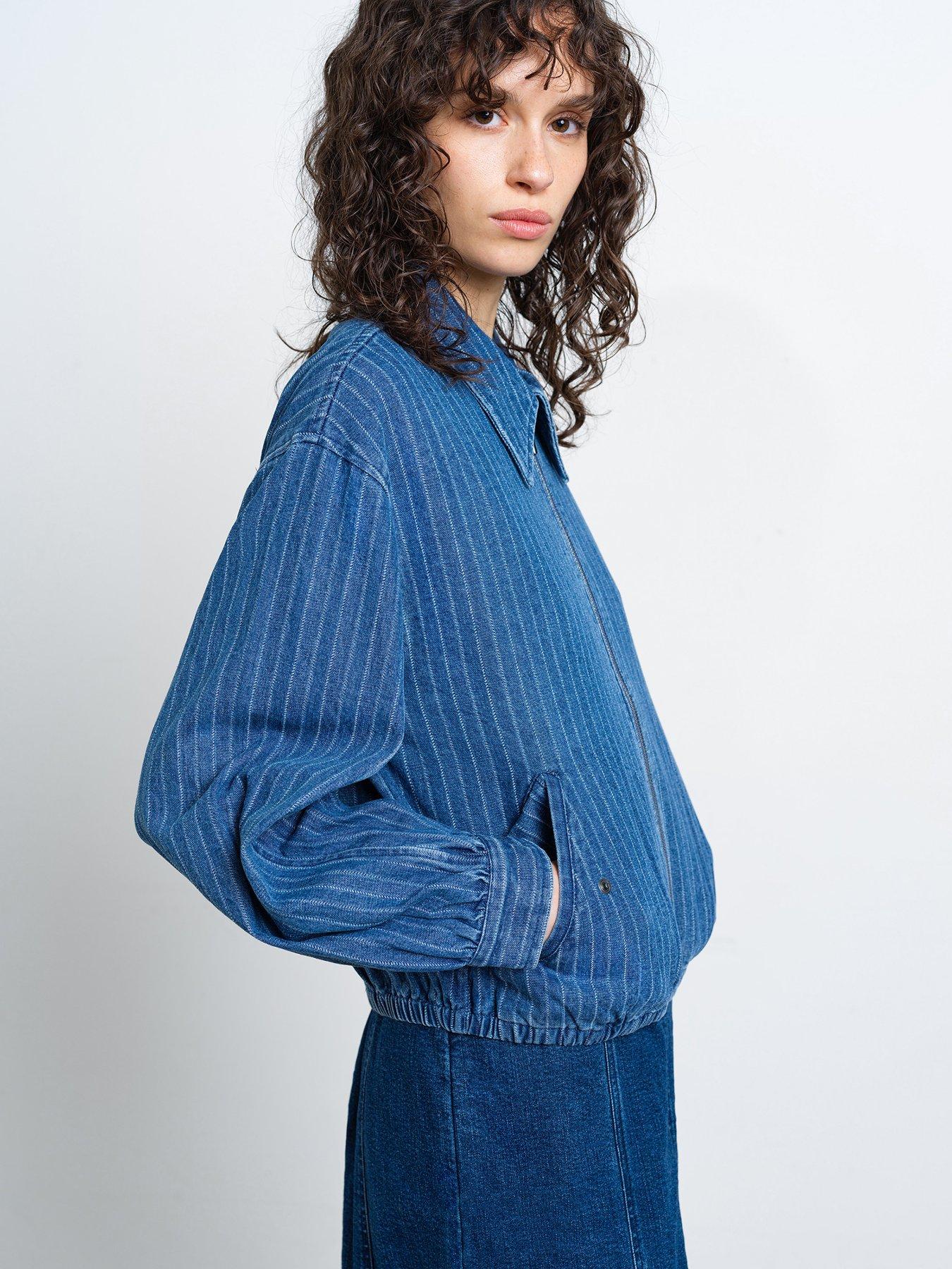  image of french-connection-cotton-pinstripe-denim-bomber-jacket