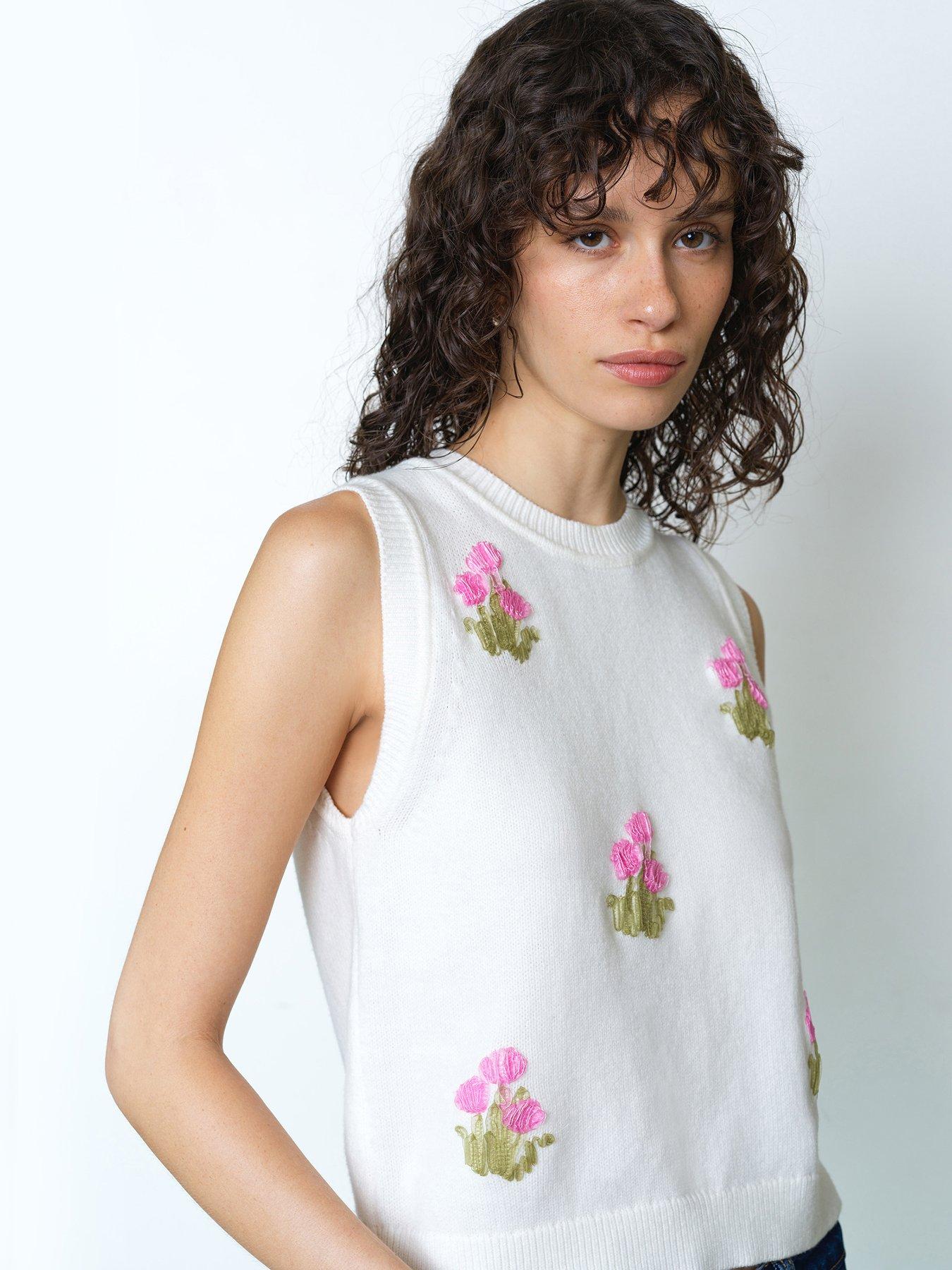 French Connection Cotton Blend Sleeveless Crew Neck Floral Embroidered Knit Vest