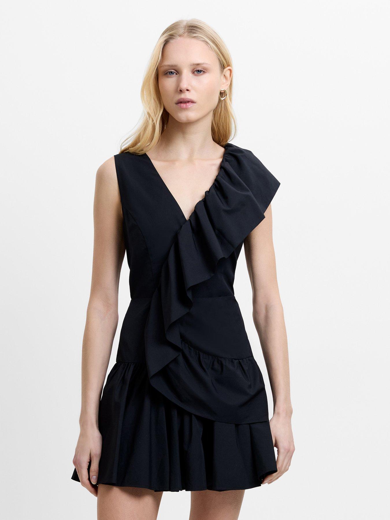 French Connection Era Poplin Asymmetric Frill Mini Dress - Black