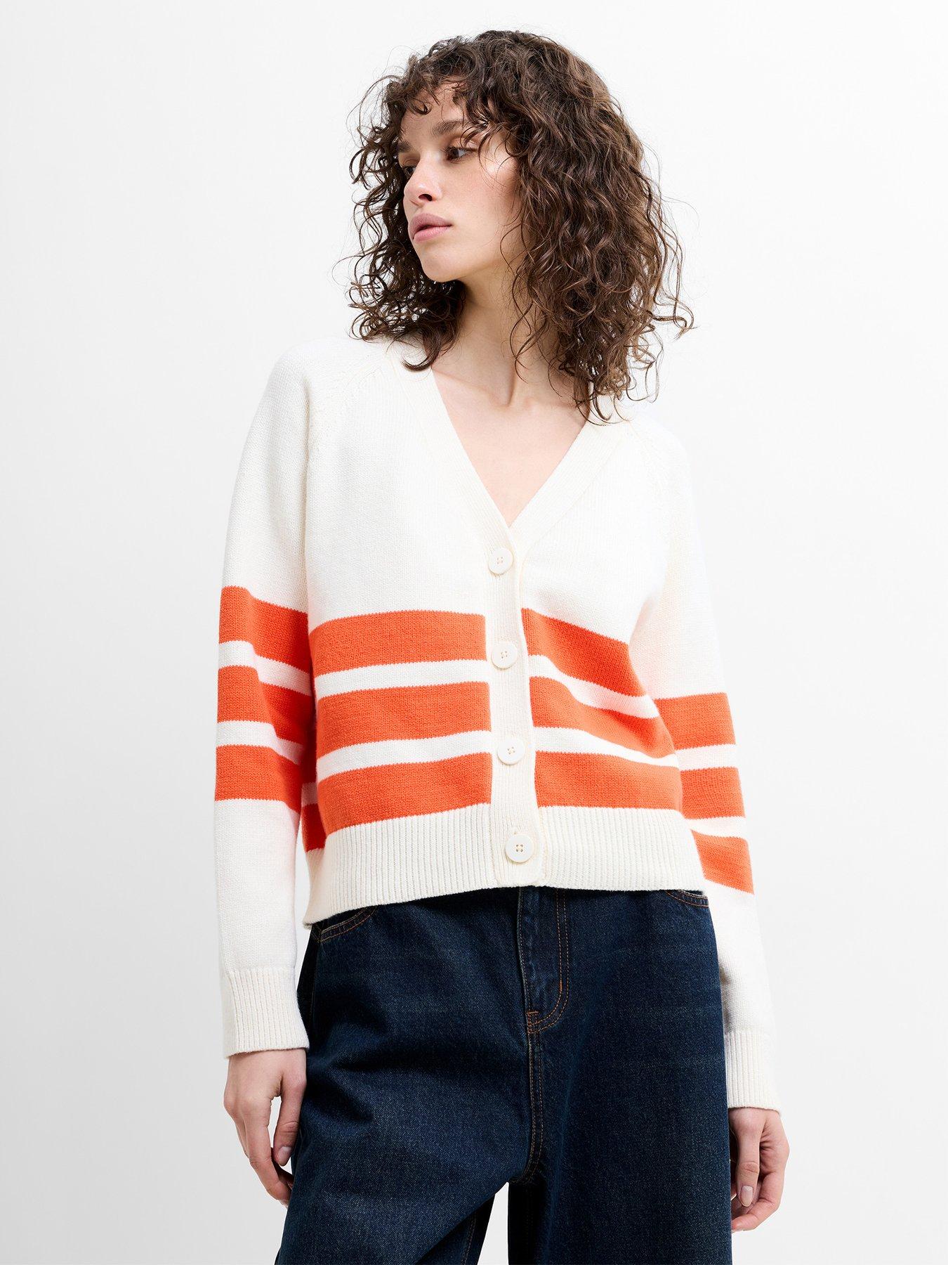French Connection Cotton Blend Stripe V-Neck Button Knit Cardigan - Cream