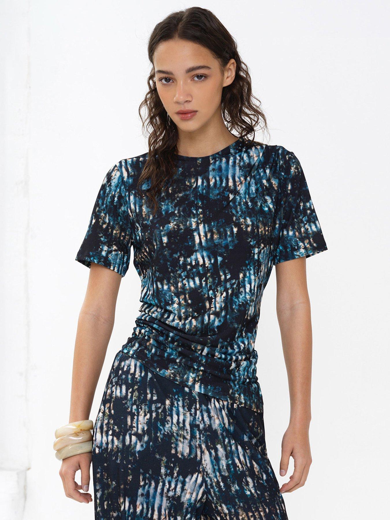 french-connection-tie-dye-crew-neck-short-sleeve-draped-top