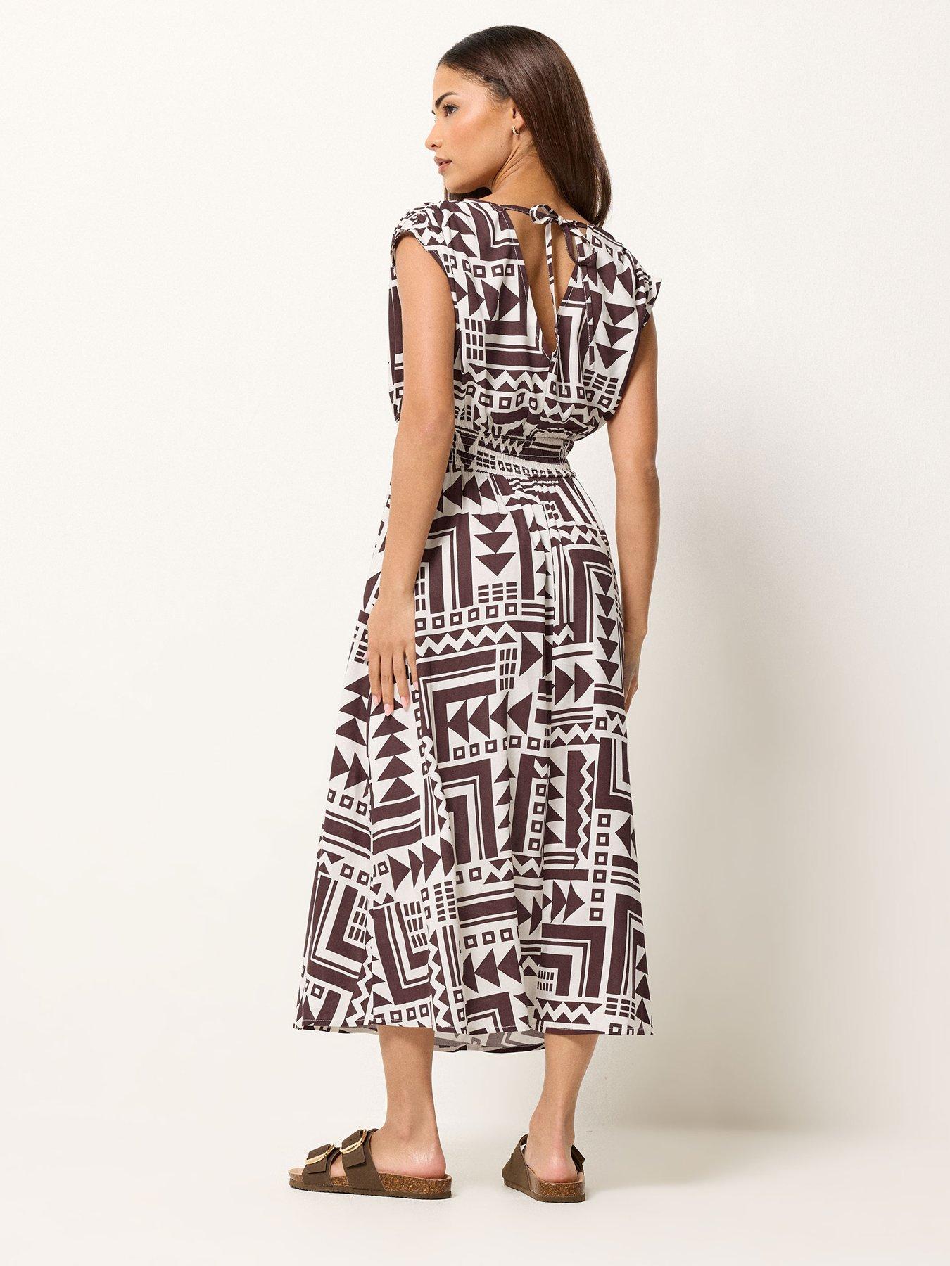 Image 2 of 6 of PixieGirl Petite Abstract Wrap Front Midi Dress - Brown