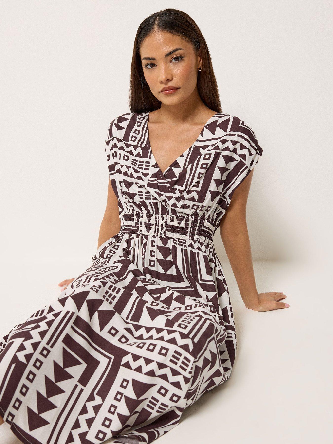 Image 3 of 6 of PixieGirl Petite Abstract Wrap Front Midi Dress - Brown