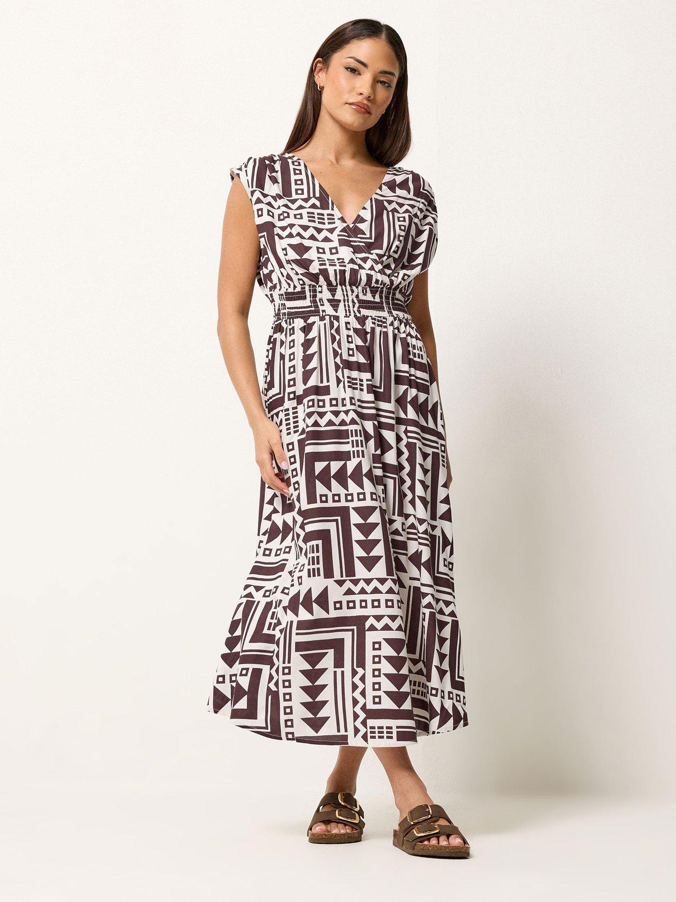 Image 4 of 6 of PixieGirl Petite Abstract Wrap Front Midi Dress - Brown