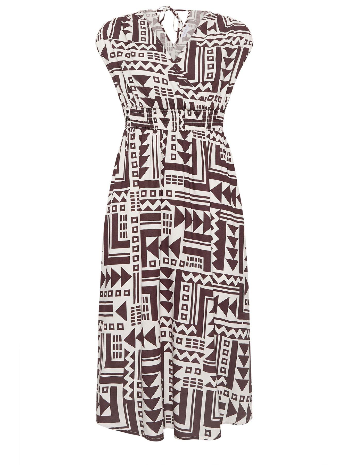 Image 6 of 6 of PixieGirl Petite Abstract Wrap Front Midi Dress - Brown