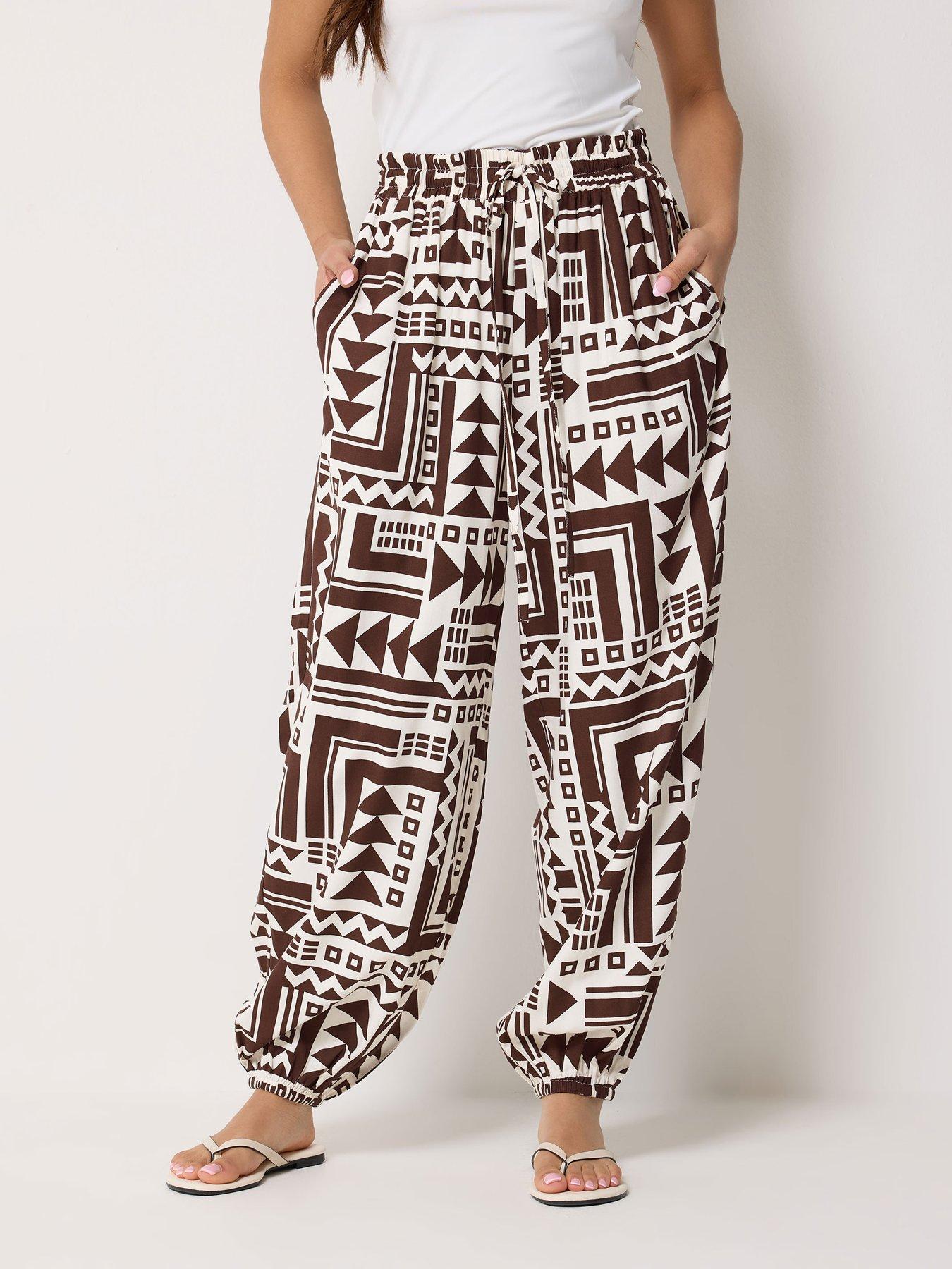 Image 1 of 4 of PixieGirl Petite Wide Abstract Harem Trousers - Brown