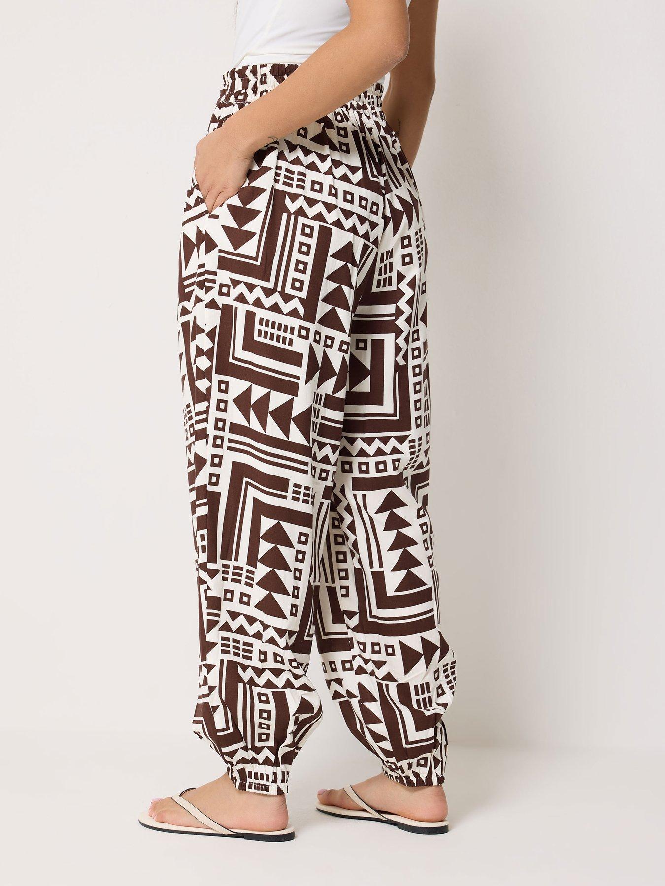 Image 2 of 4 of PixieGirl Petite Wide Abstract Harem Trousers - Brown
