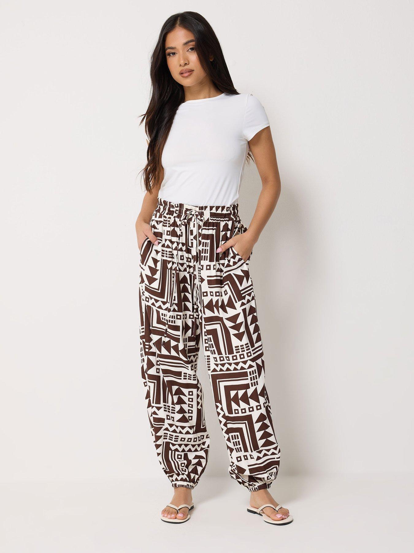 Image 3 of 4 of PixieGirl Petite Wide Abstract Harem Trousers - Brown