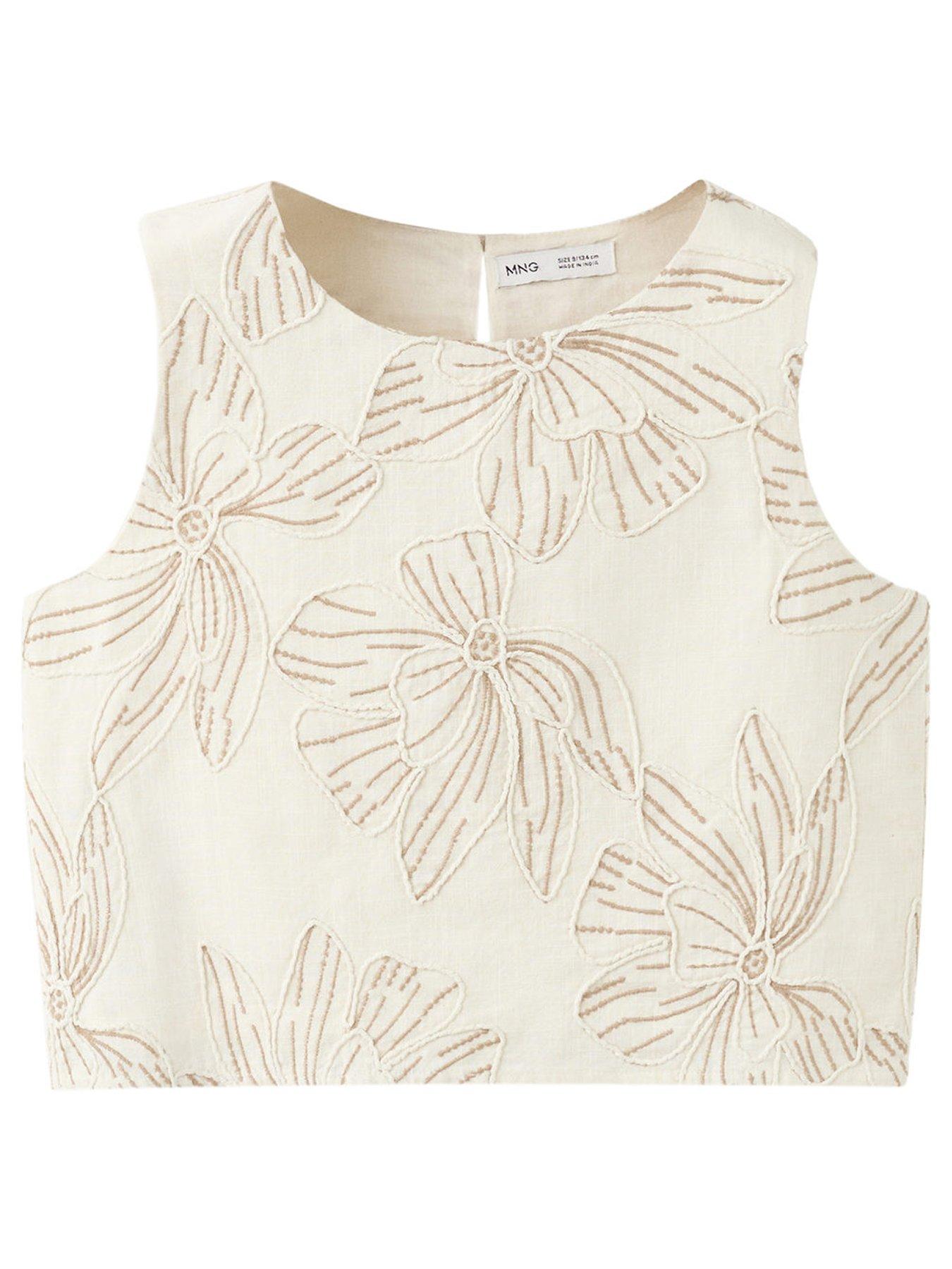 Mango Girls Flower Embroidered Co-Ord Blouse - Beige