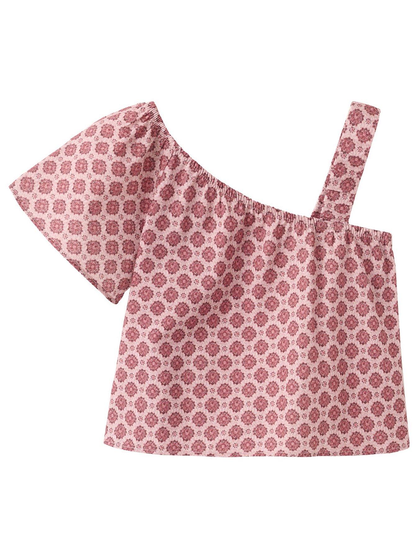 Mango Girls Floral One Shoulder Co-Ord Blouse - Dark Red