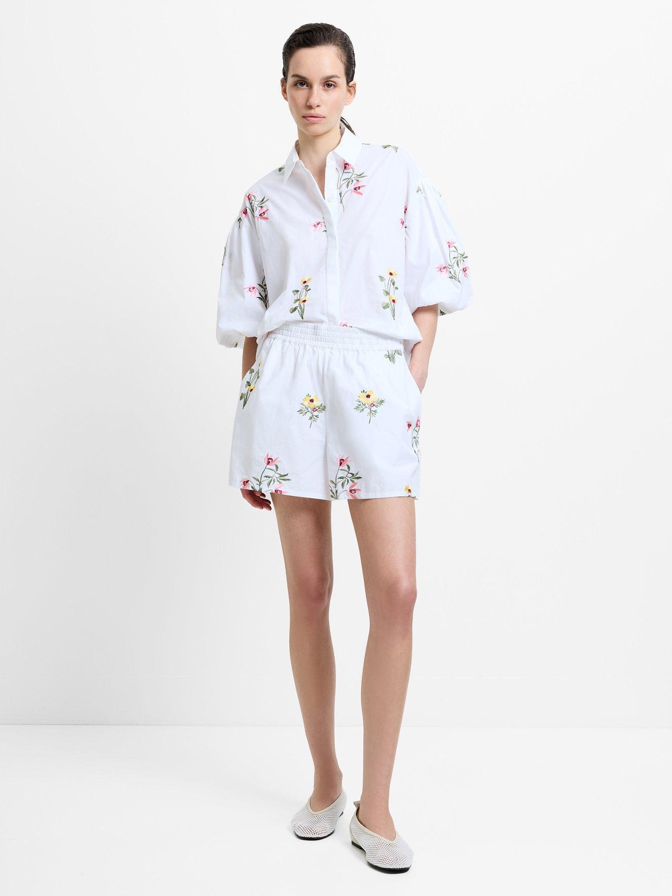 Image 2 of 5 of French Connection Cotton Floral Embroidered Shorts - White