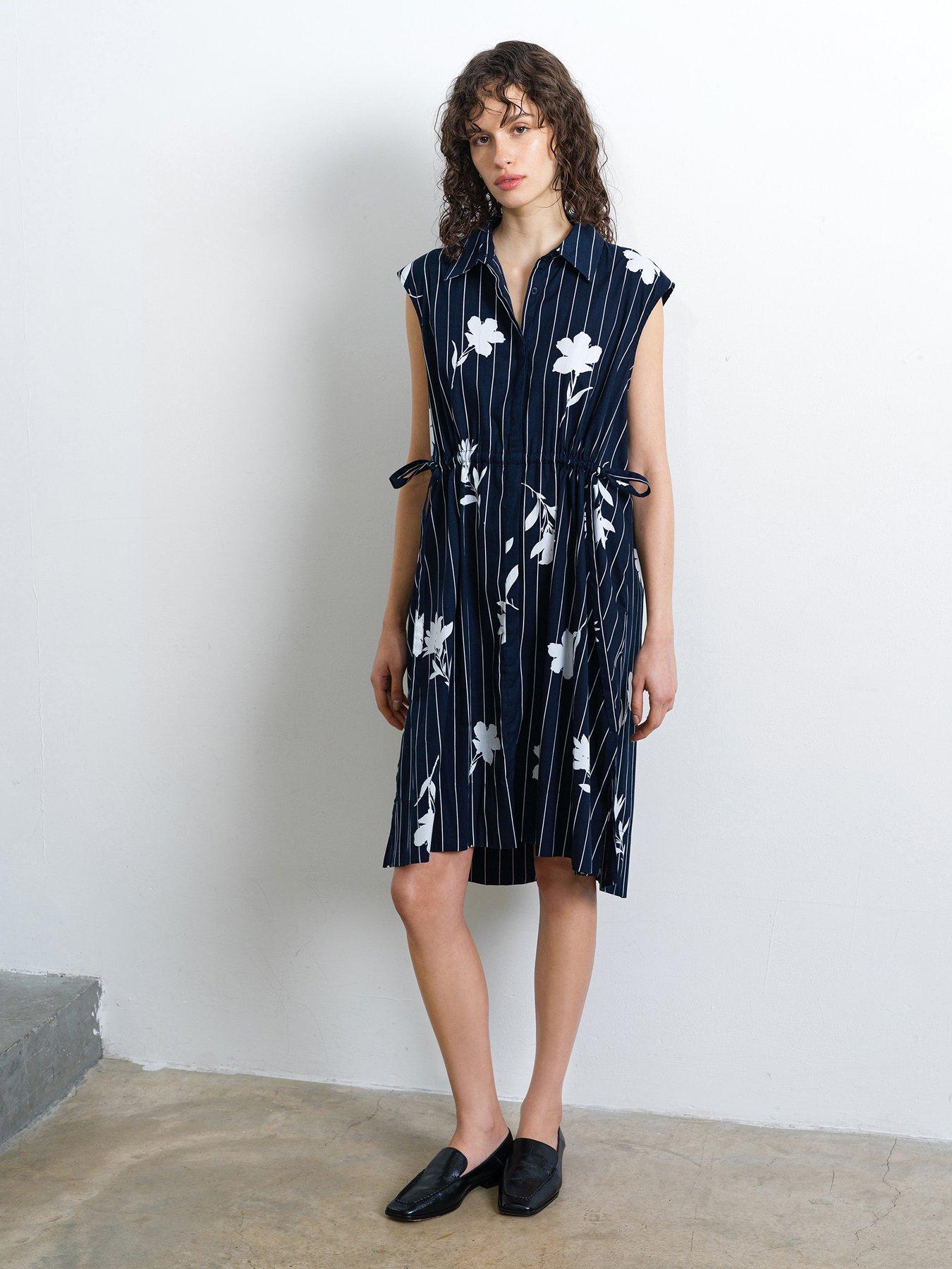 French Connection Cotton Pinstripe Floral Print Sleeveless Collared Midi Shirt Dress
