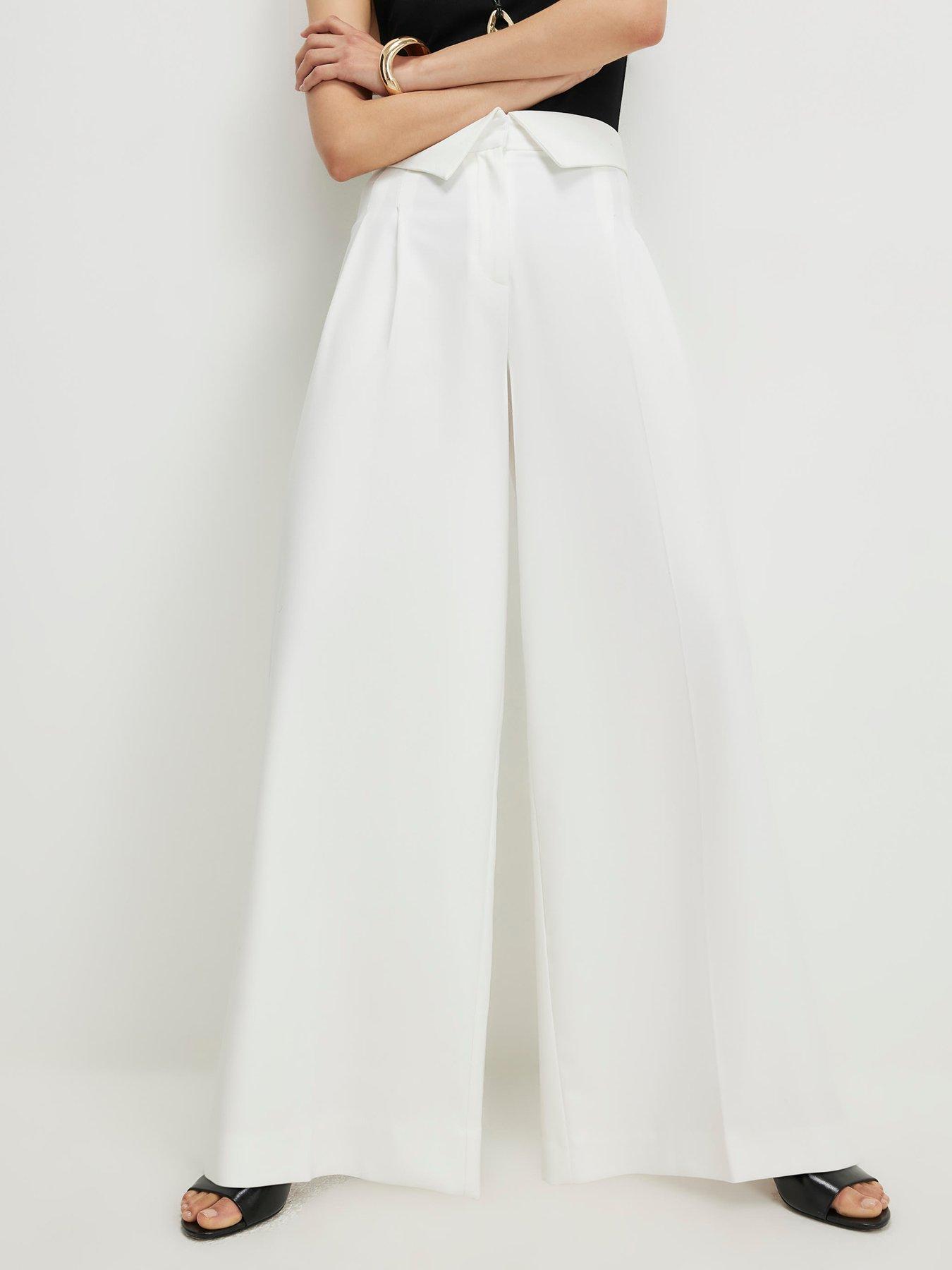 River Island Foldover Waistband Wide Trouser - White