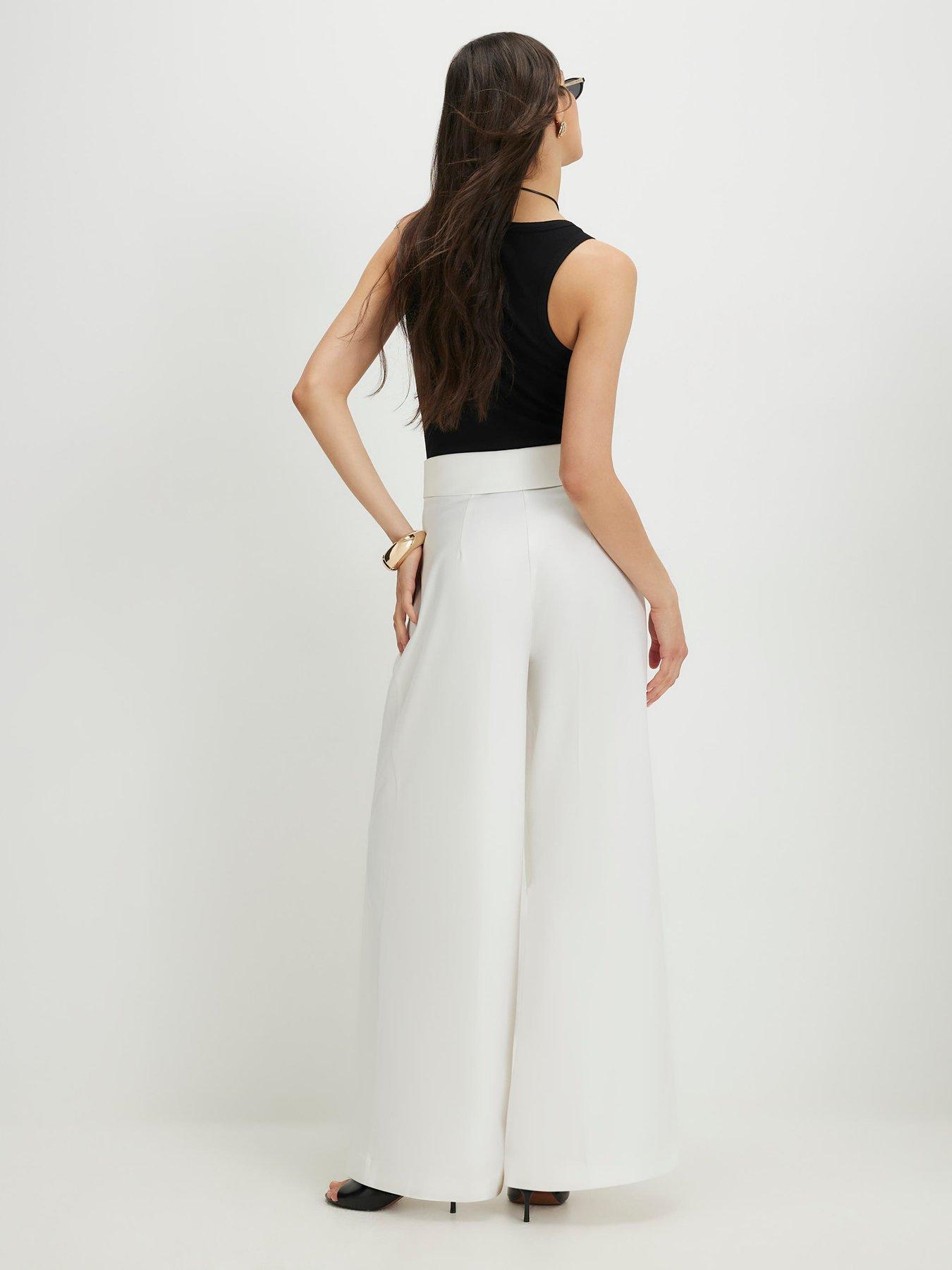 Image 2 of 4 of River Island Foldover Waistband Wide Trouser - White