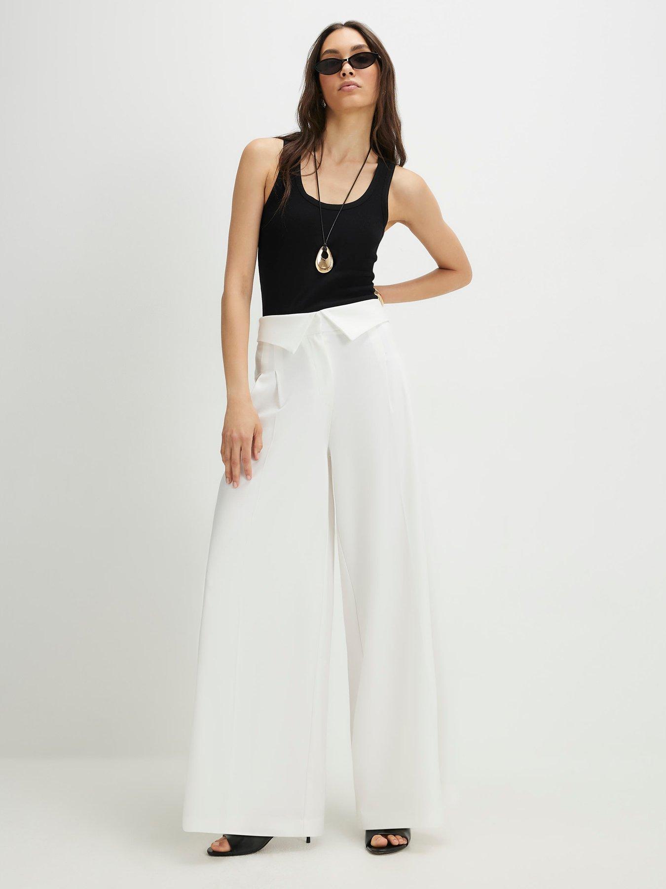 Image 3 of 4 of River Island Foldover Waistband Wide Trouser - White