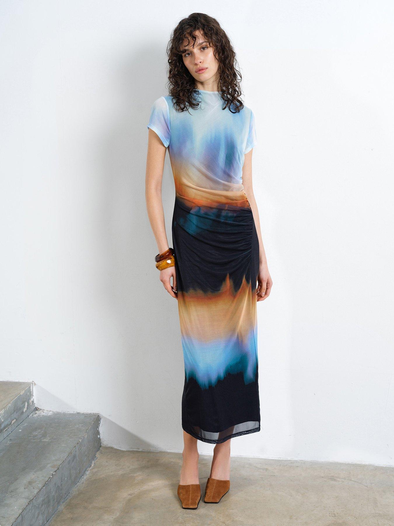 French Connection Ombre Short Sleeve Gathered Mesh Midi Bodycon Dress