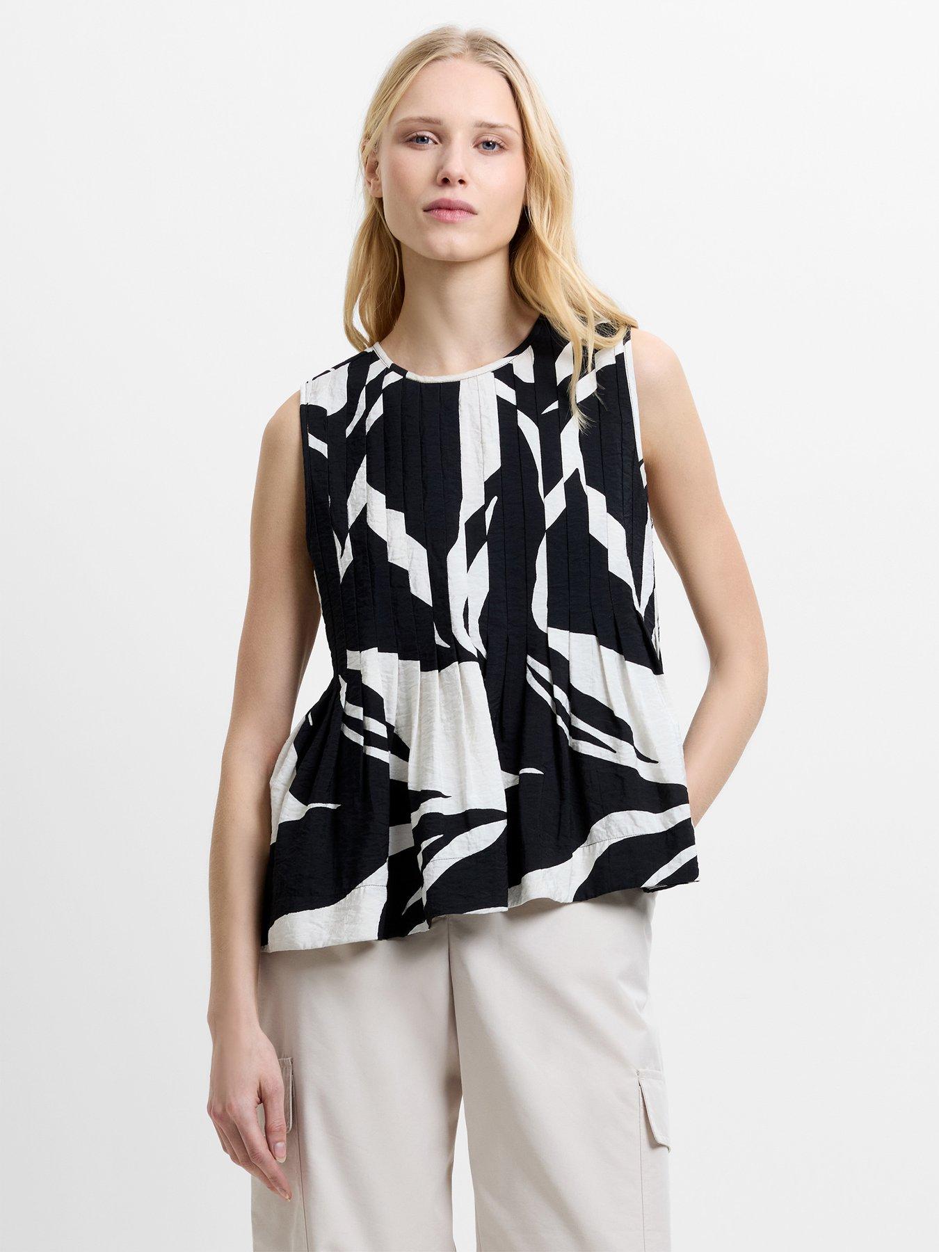 French Connection Abstract Print Round Neck Pleated Peplum Top