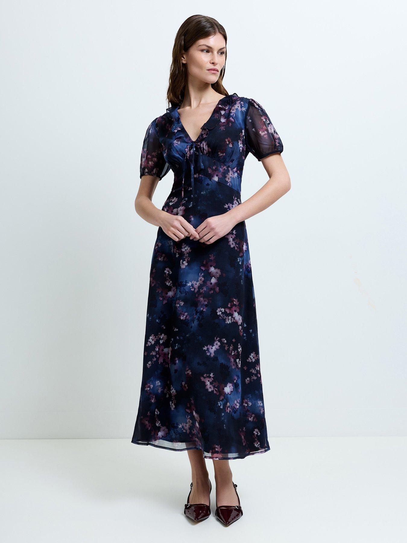 French Connection Floral Print Short Puff Sleeve Smock Midi Dress