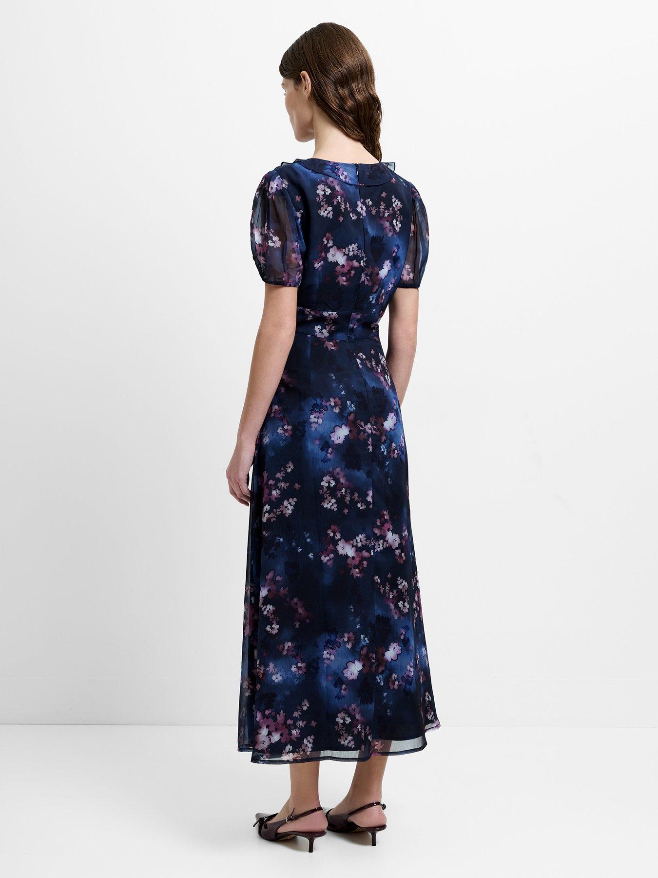 Image 2 of 5 of French Connection Floral Print Short Puff Sleeve Smock Midi Dress