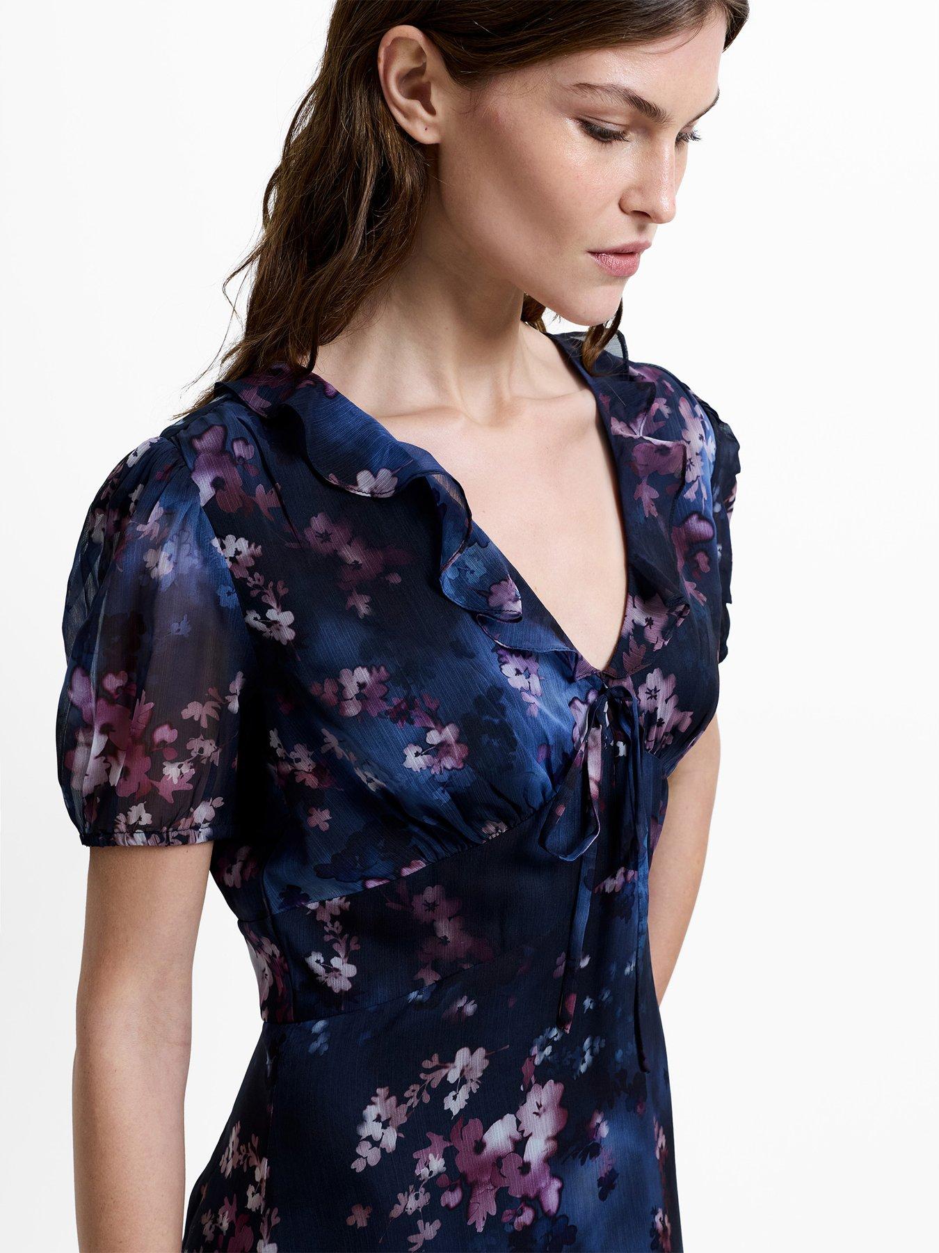 Image 3 of 5 of French Connection Floral Print Short Puff Sleeve Smock Midi Dress