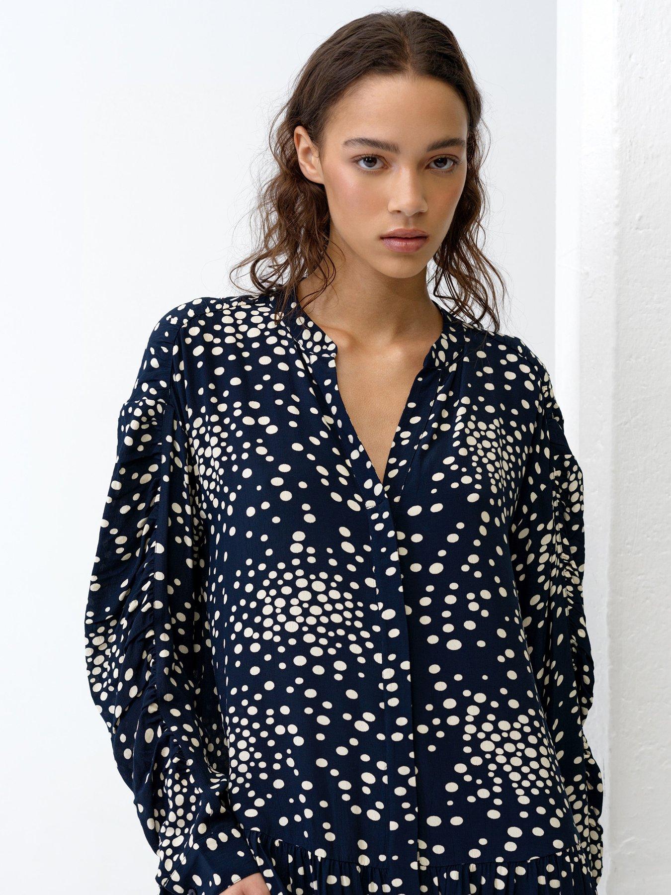 Image 3 of 5 of French Connection Polka Dot V-Neck Dropped Waist Mini Dress - Navy