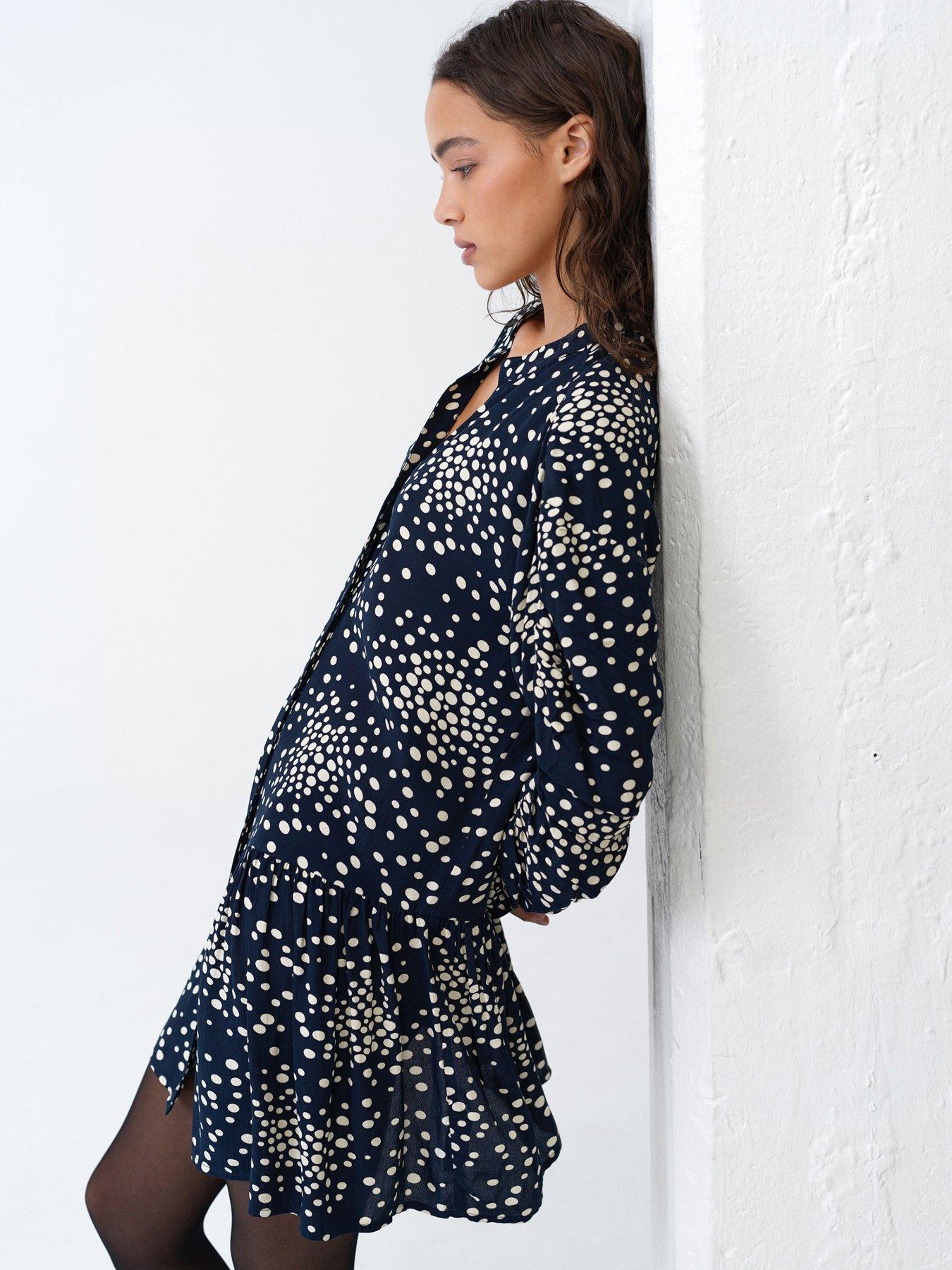 Image 4 of 5 of French Connection Polka Dot V-Neck Dropped Waist Mini Dress - Navy