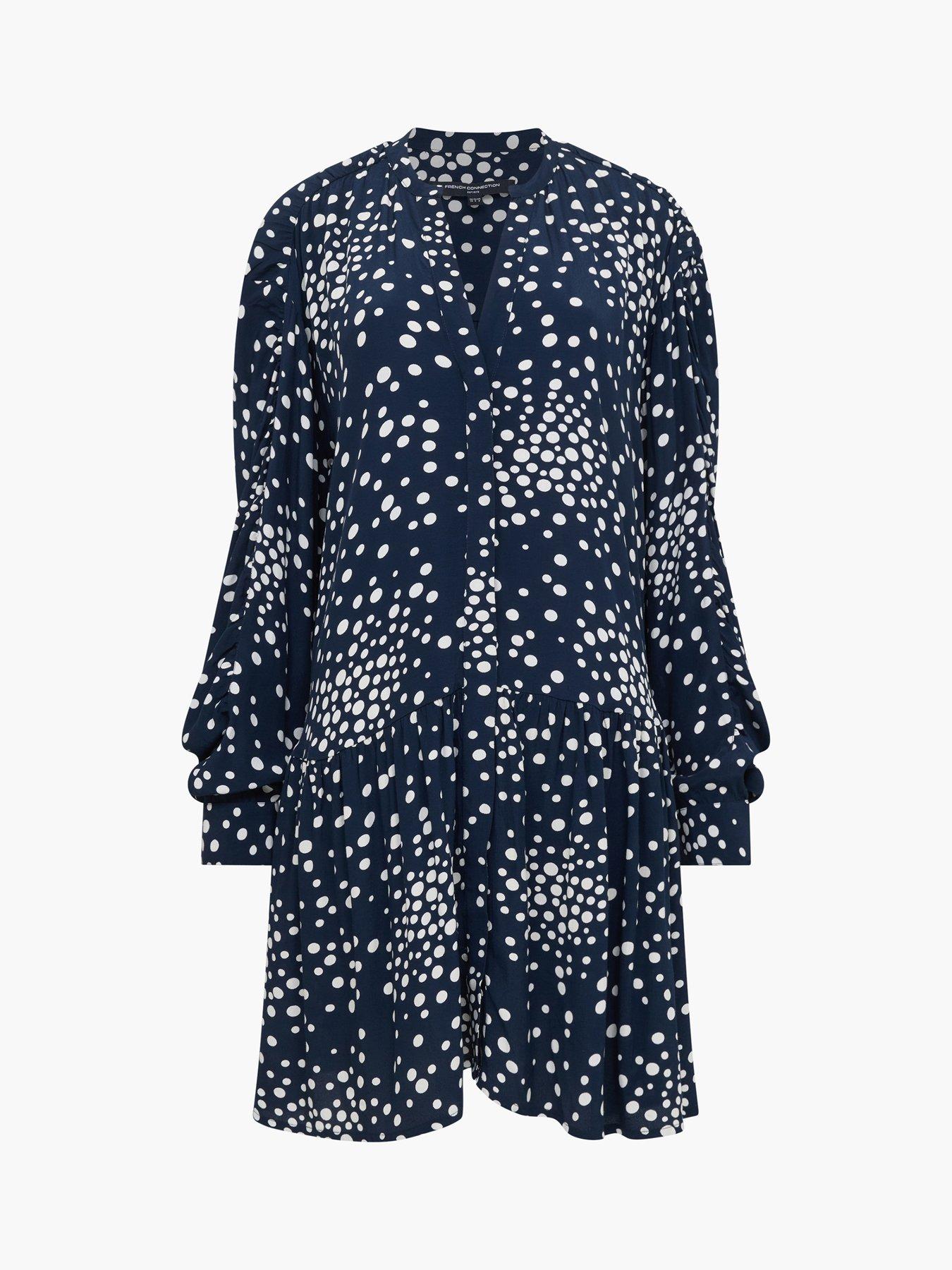 Image 5 of 5 of French Connection Polka Dot V-Neck Dropped Waist Mini Dress - Navy
