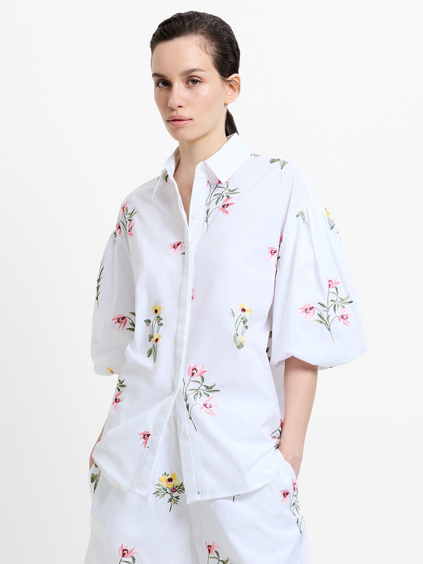 French Connection Cotton Floral Embroidered Short Puff Sleeve Shirt - White