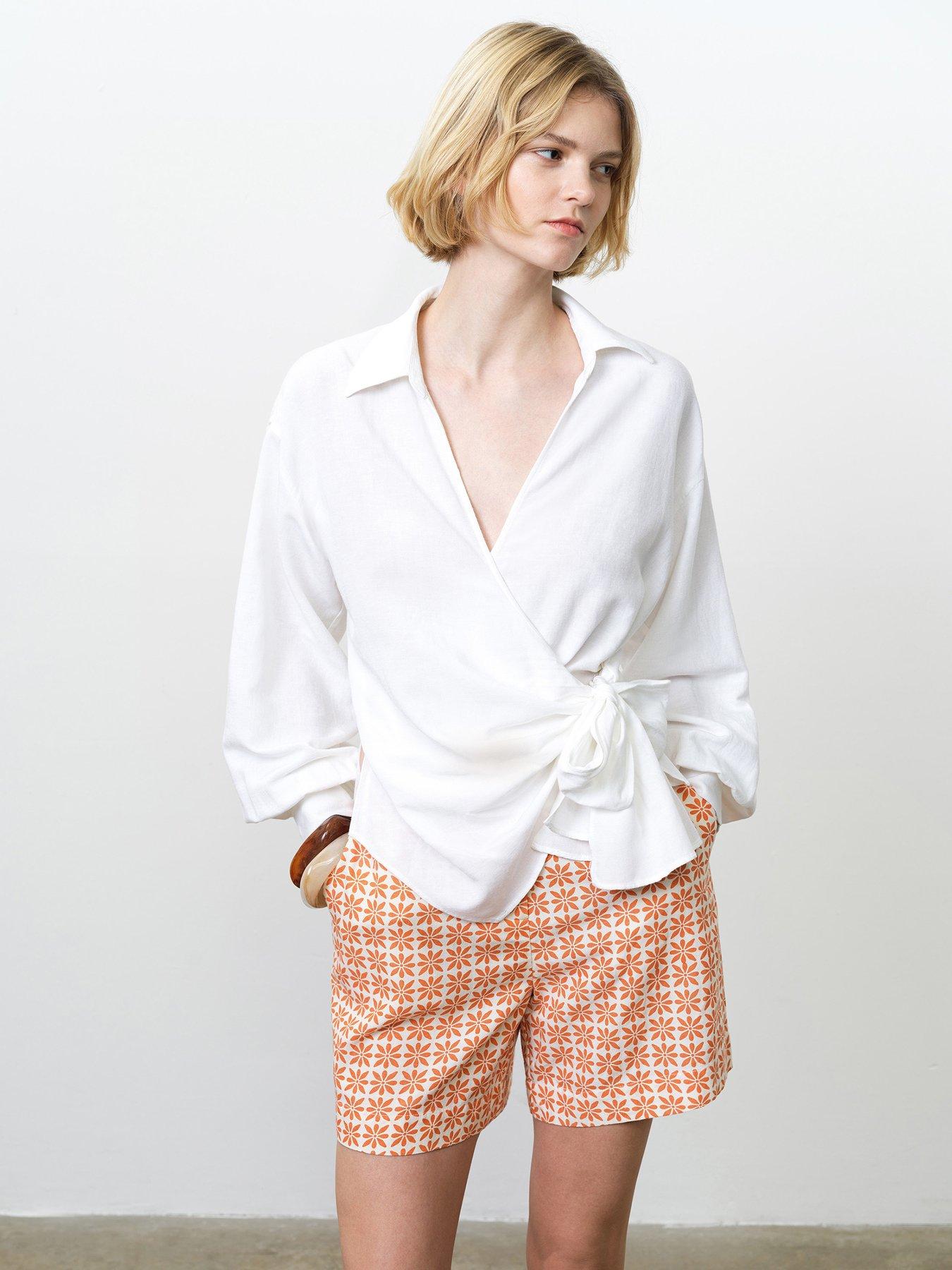 French Connection Ariette Linen Blend Wrap Over Shirt - White