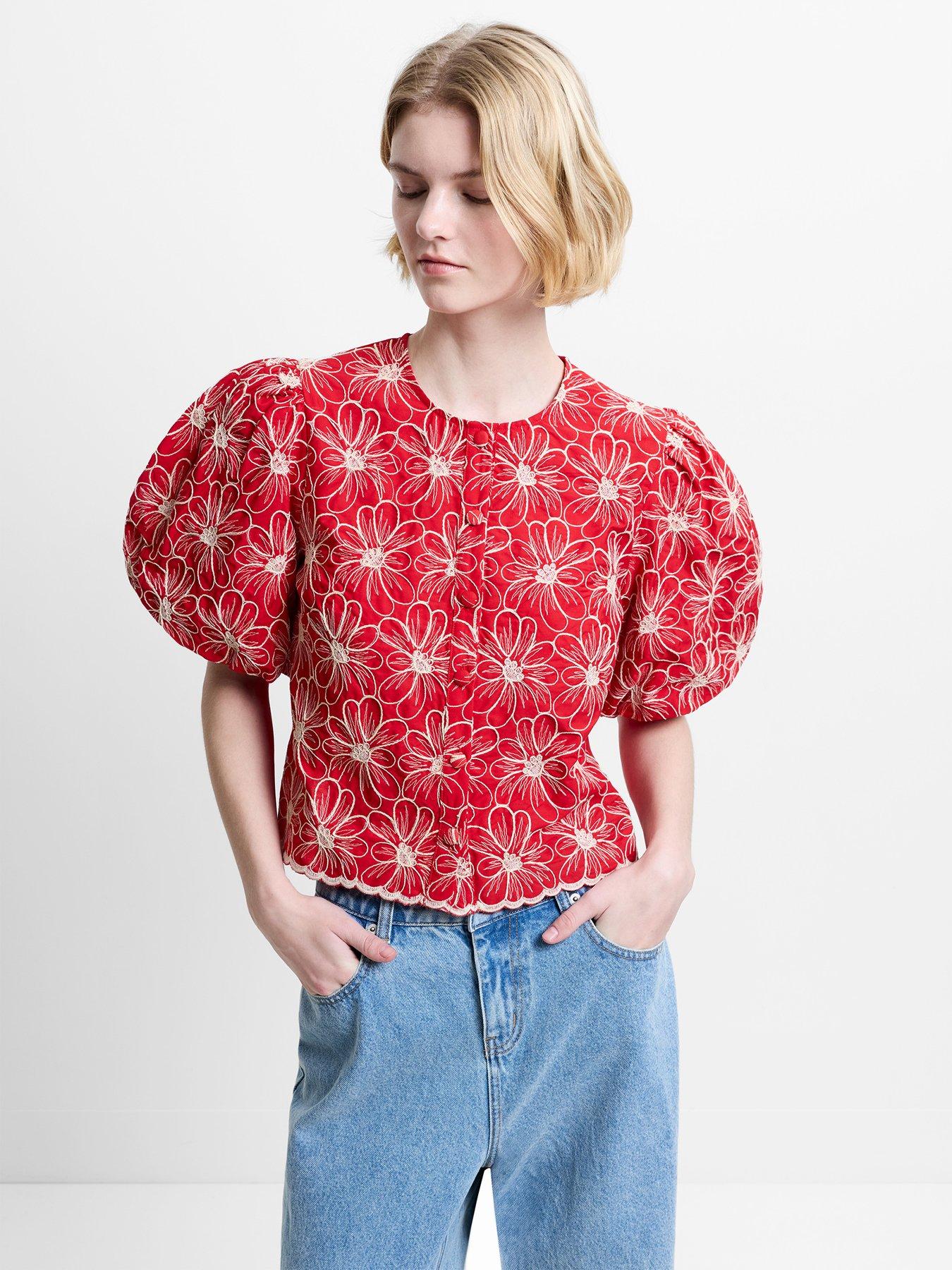 French Connection Rory Cotton Floral Embroidered Puff Sleeve Top - Red