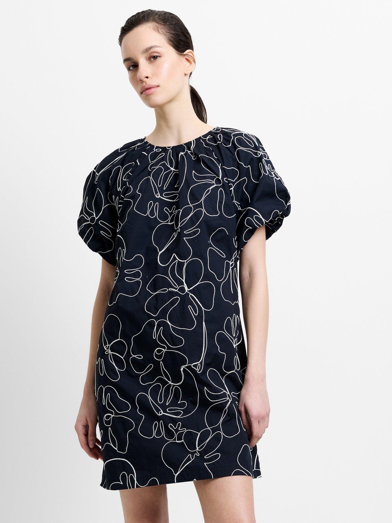 French Connection Cotton Floral Embroidered Short Puff Sleeve Mini Dress
