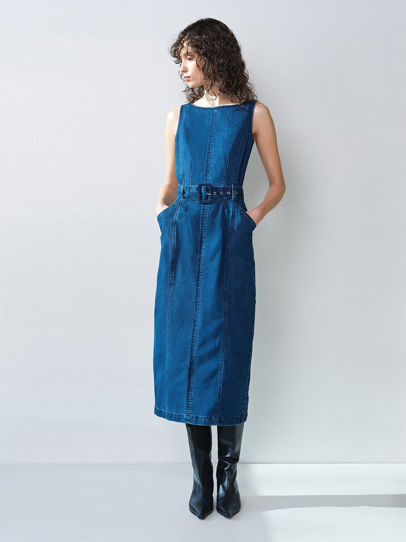French Connection Cotton Boat Neck Belted Denim Midi Dress