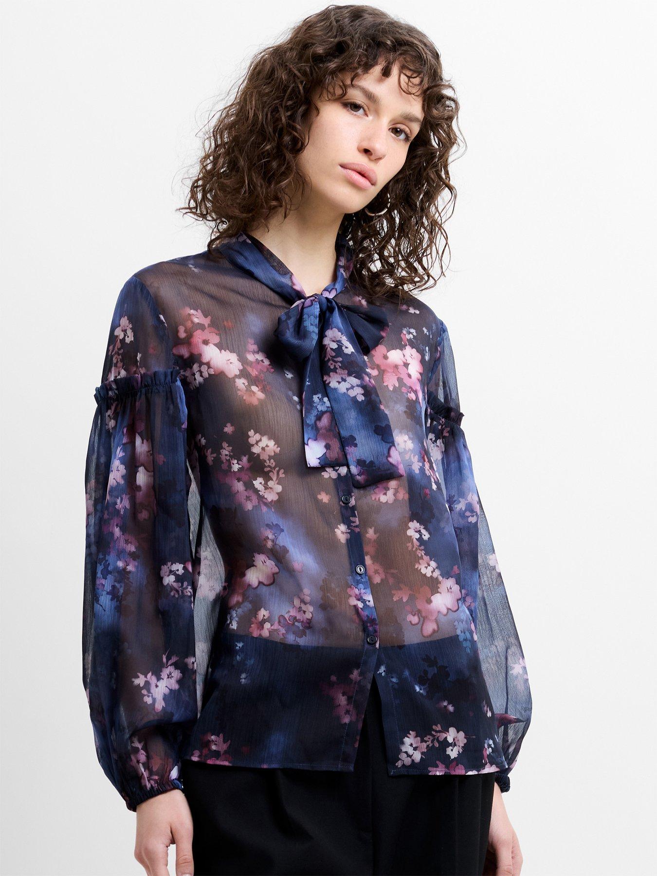 French Connection Semi-sheer Bow Tie Long Sleeve Blouse