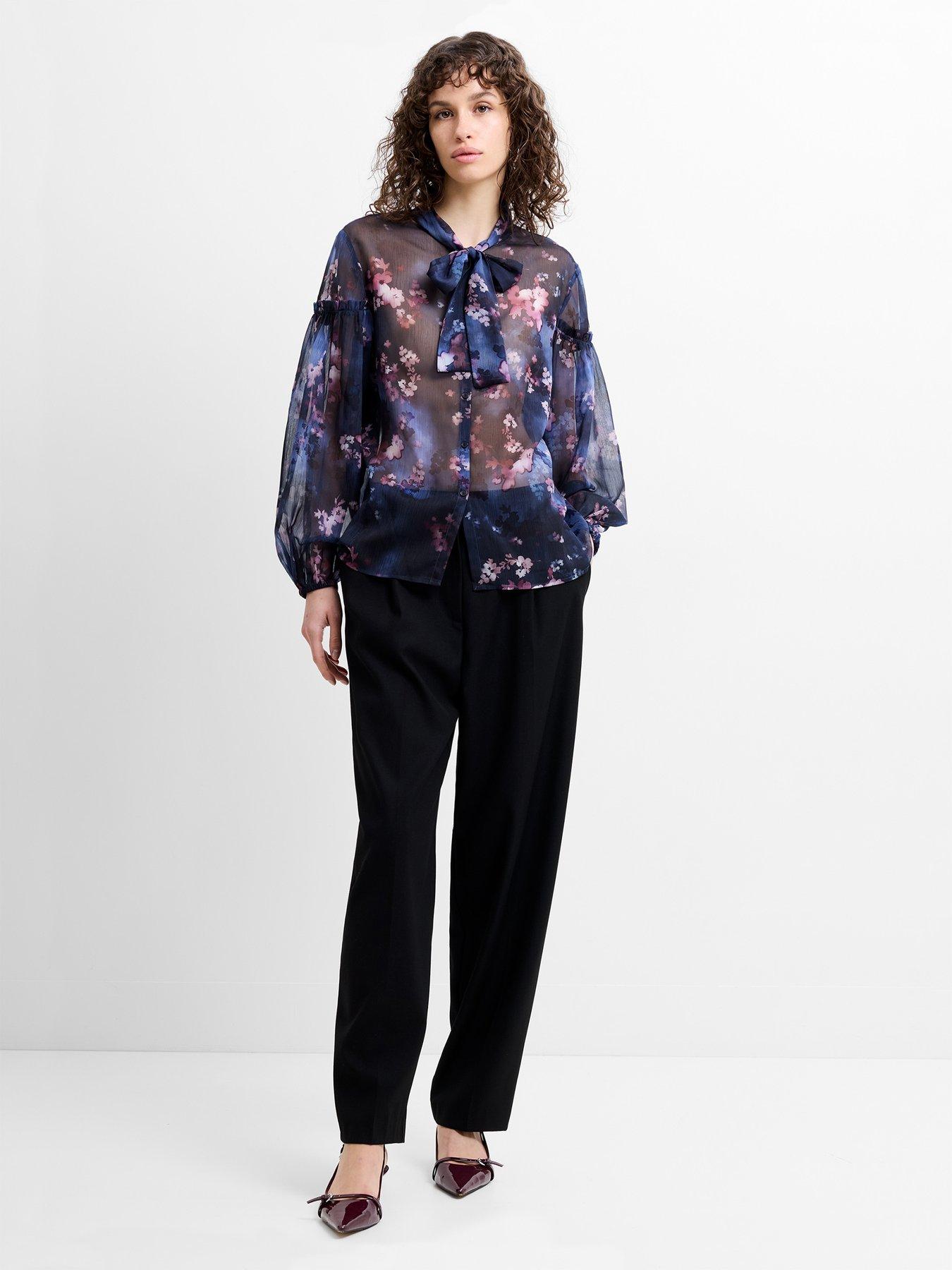  image of french-connection-semi-sheer-bow-tie-long-sleeve-blouse
