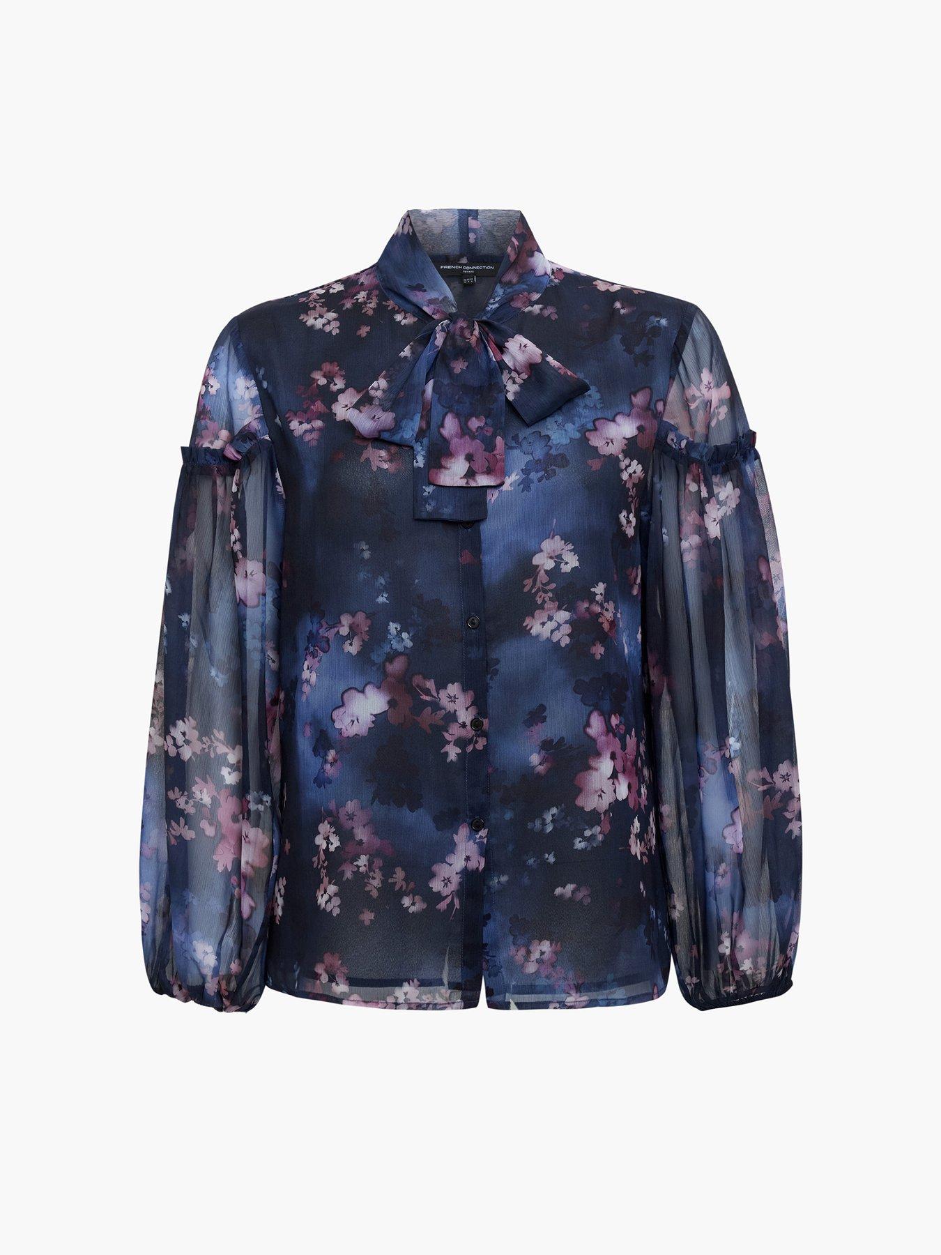  image of french-connection-semi-sheer-bow-tie-long-sleeve-blouse