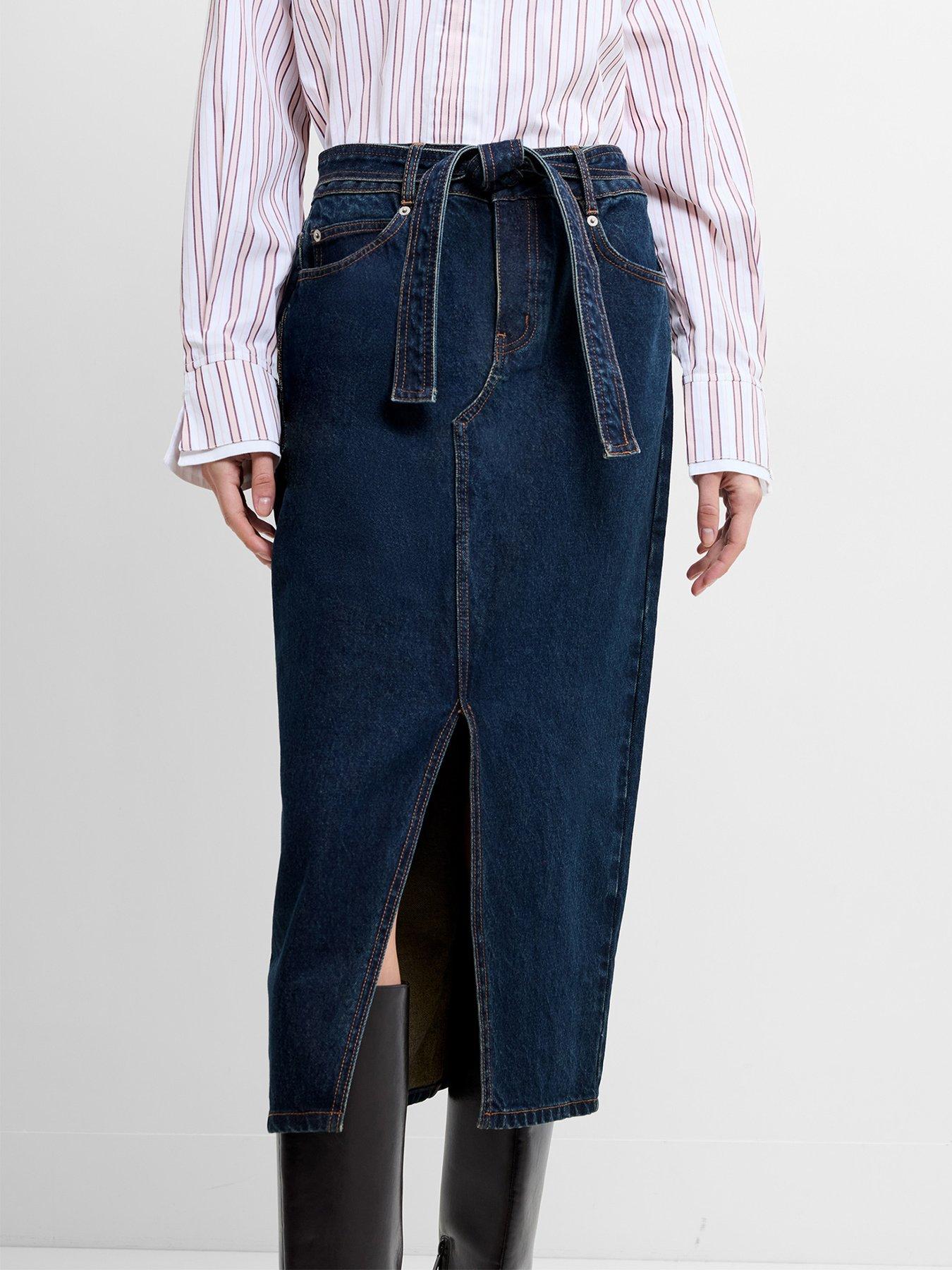 french-connection-cotton-belted-front-slit-denim-midi-skirt