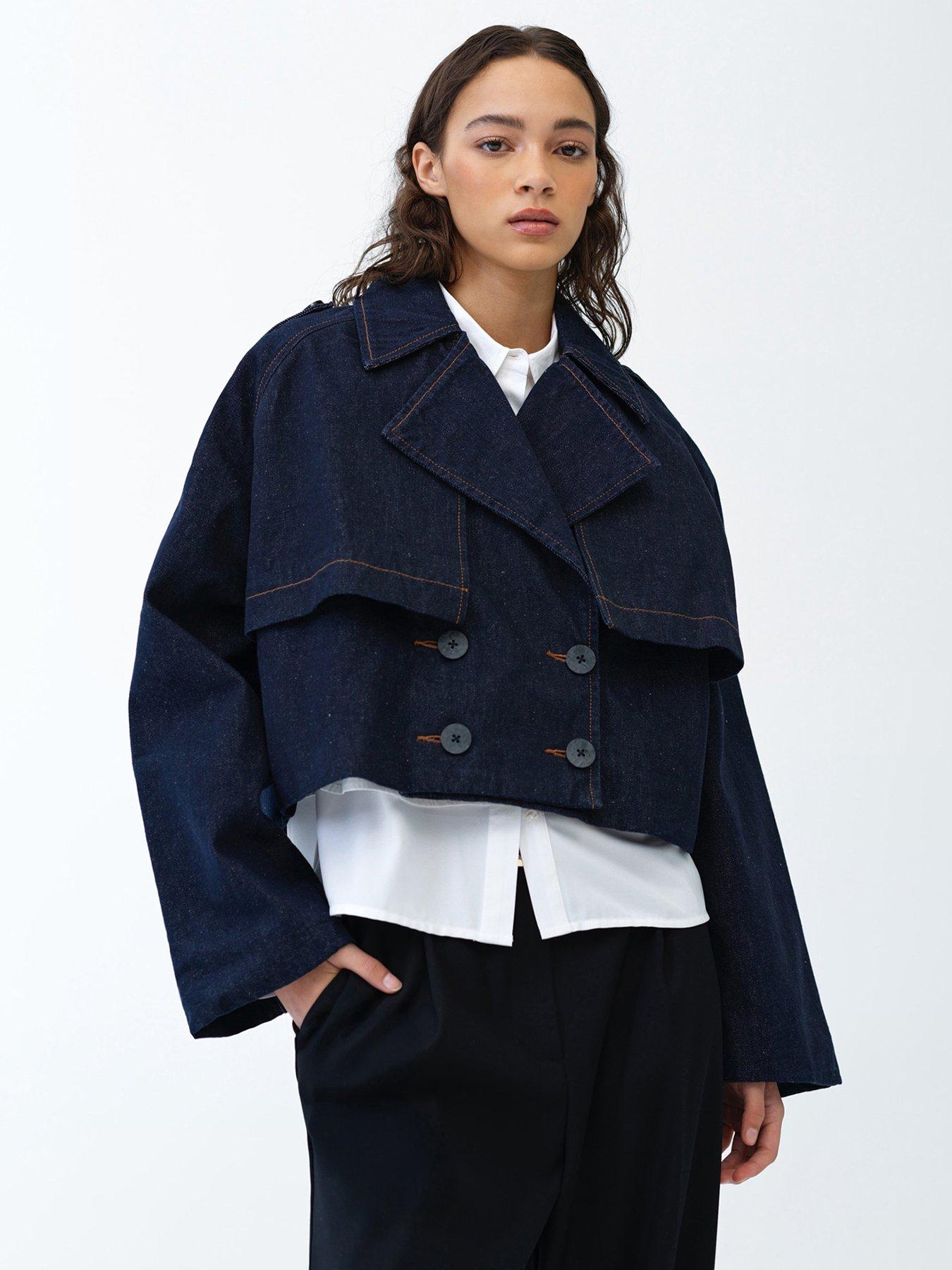French Connection Cotton Blend Double-breasted Denim Cropped Trench Jacket