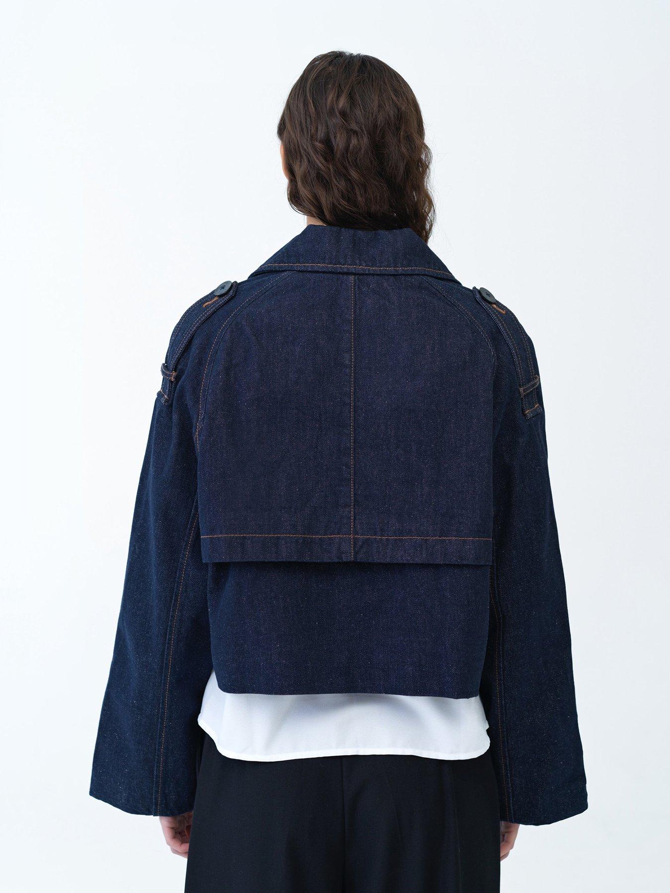 Image 2 of 5 of French Connection Cotton Blend Double-breasted Denim Cropped Trench Jacket