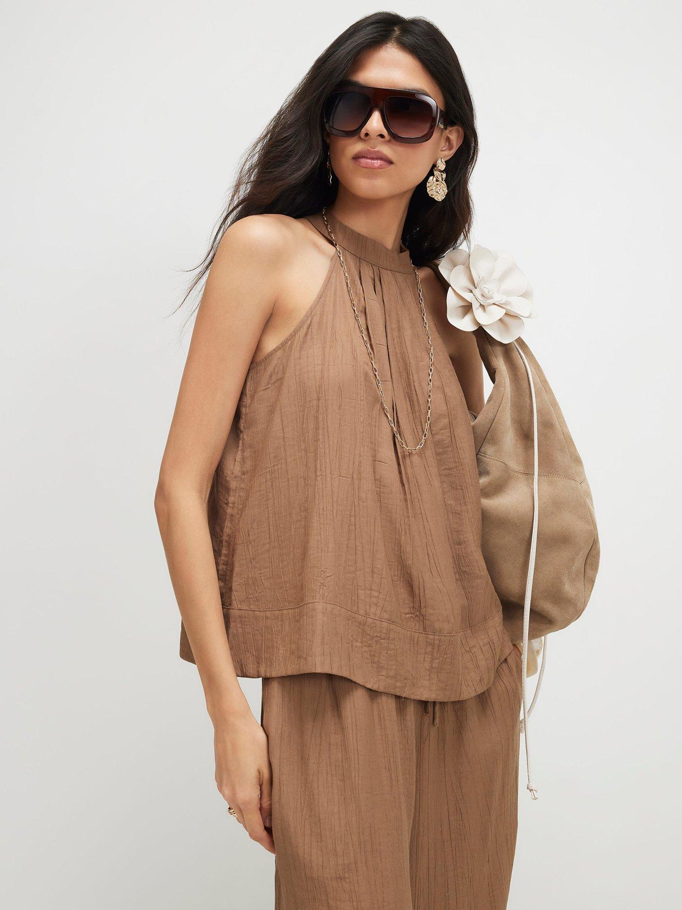Image 1 of 6 of River Island Textured Halter Co-ord Top - Beige