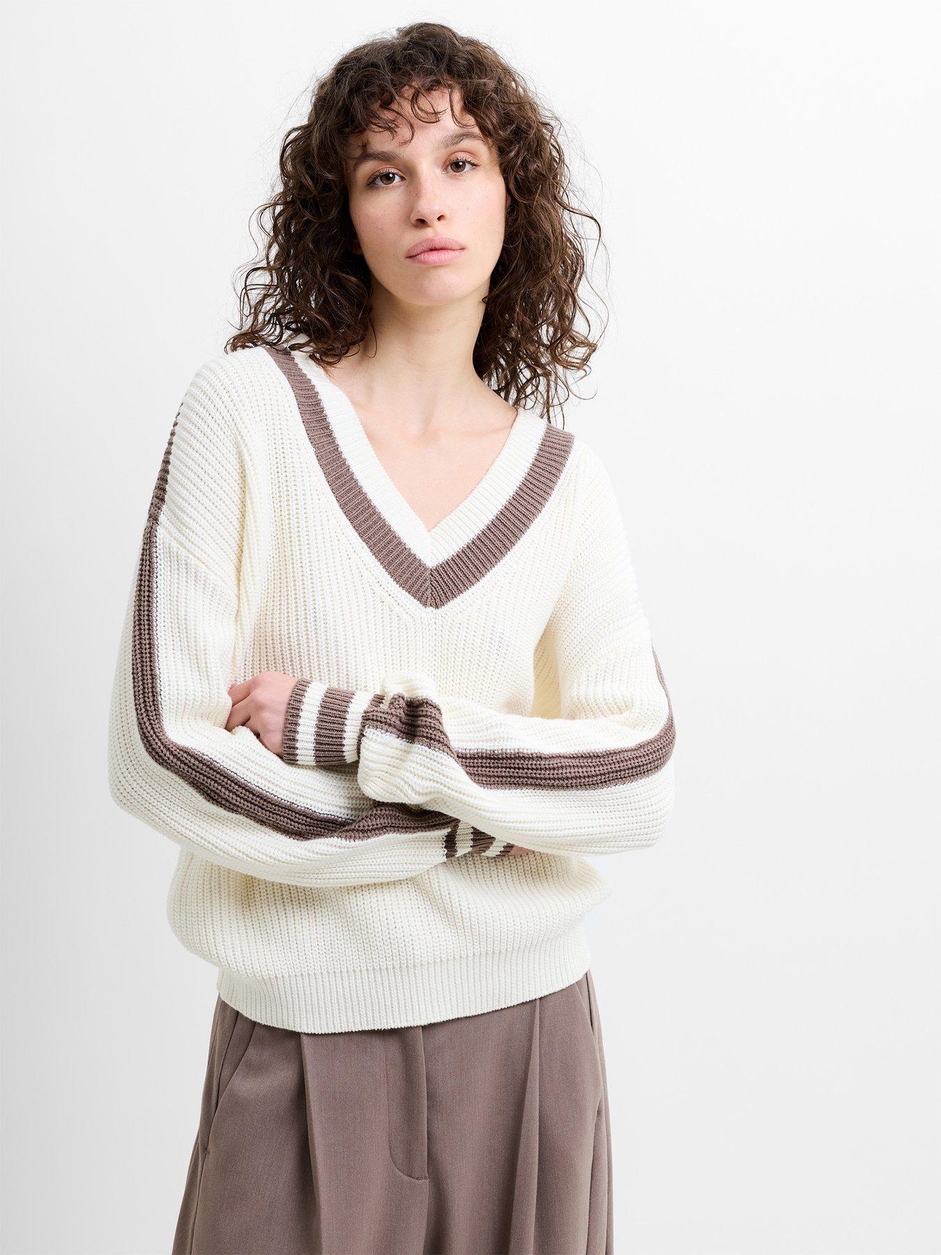 front image of french-connection-v-neck-varsity-knit-jumper-white
