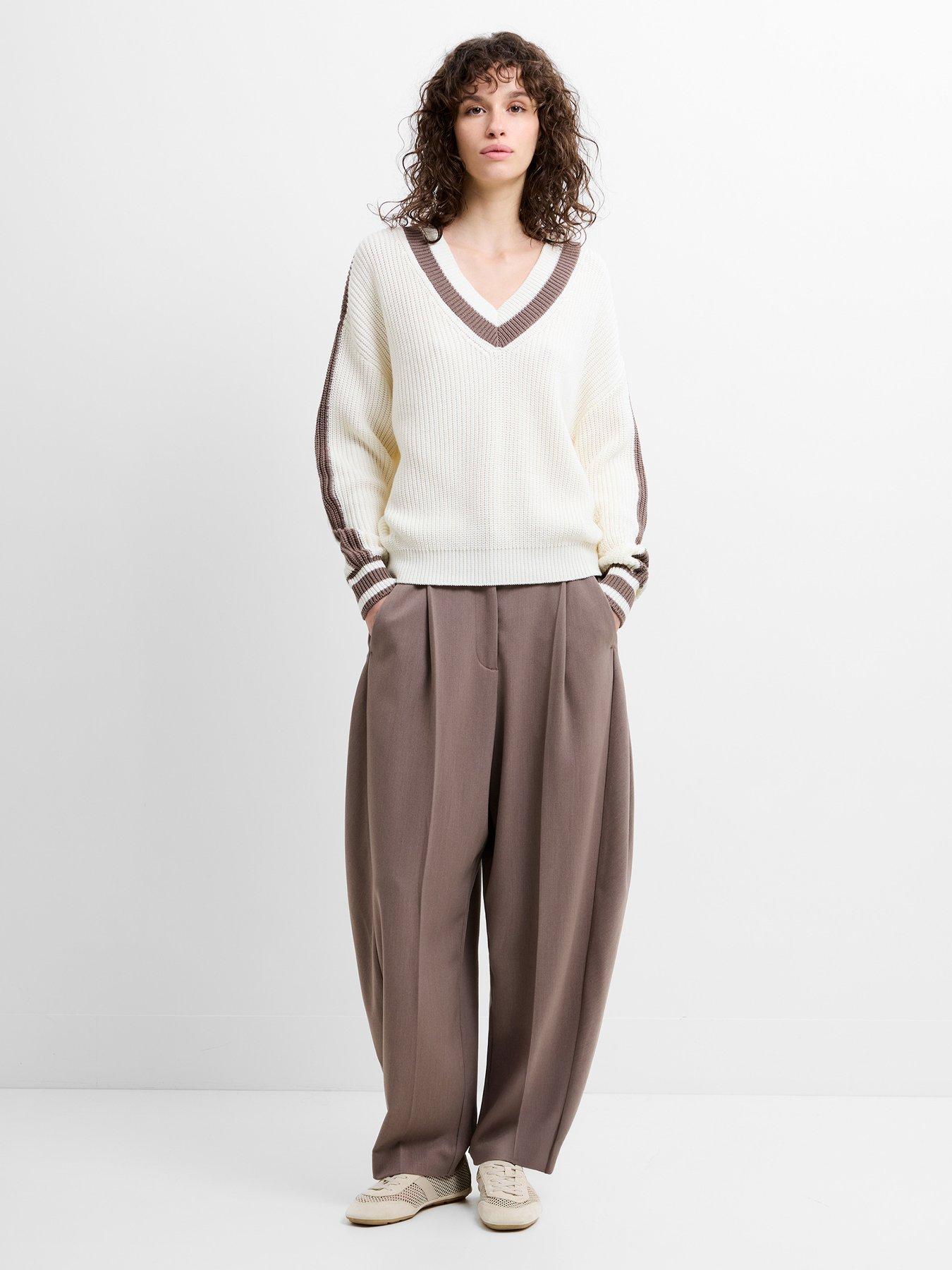  image of french-connection-v-neck-varsity-knit-jumper-white