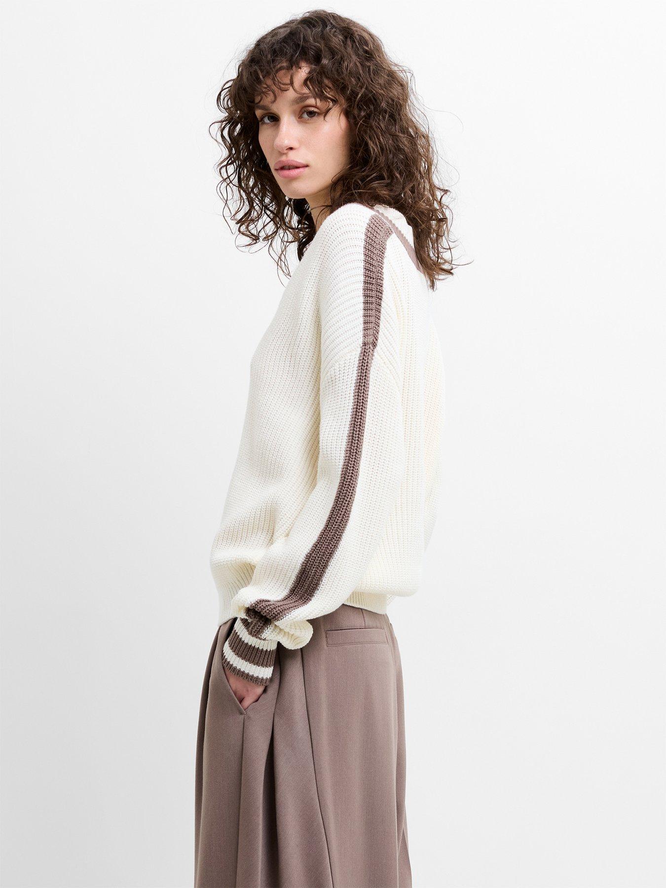  image of french-connection-v-neck-varsity-knit-jumper-white