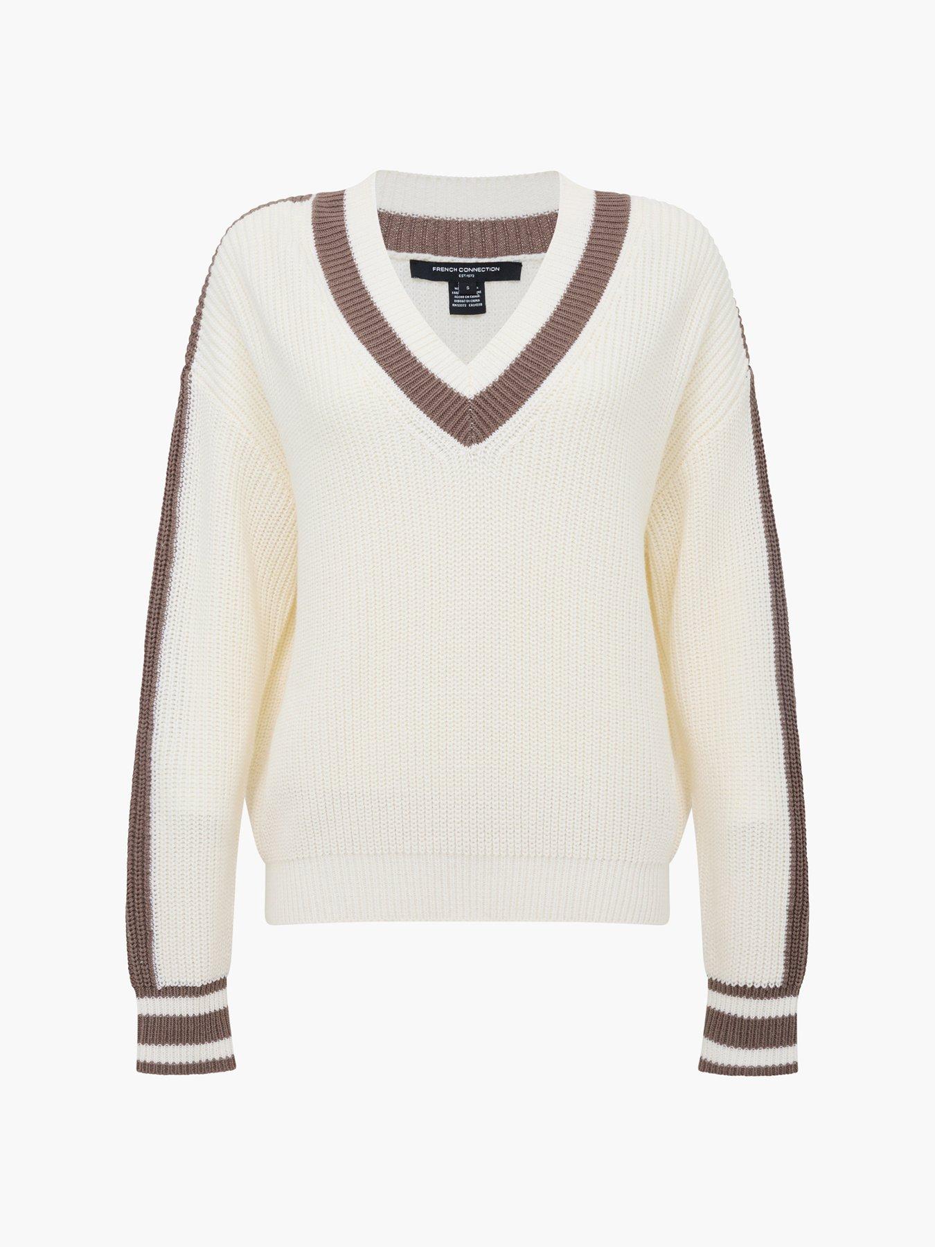  image of french-connection-v-neck-varsity-knit-jumper-white