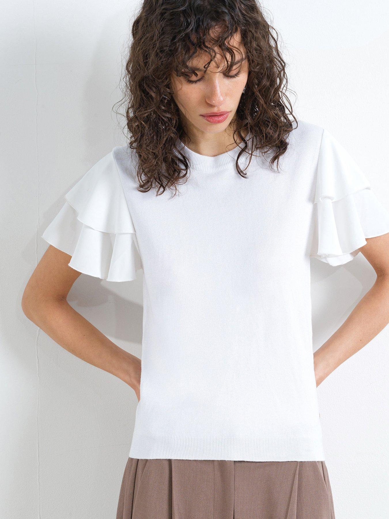Image 1 of 5 of French Connection Crew Neck Ruffle Sleeve Top
