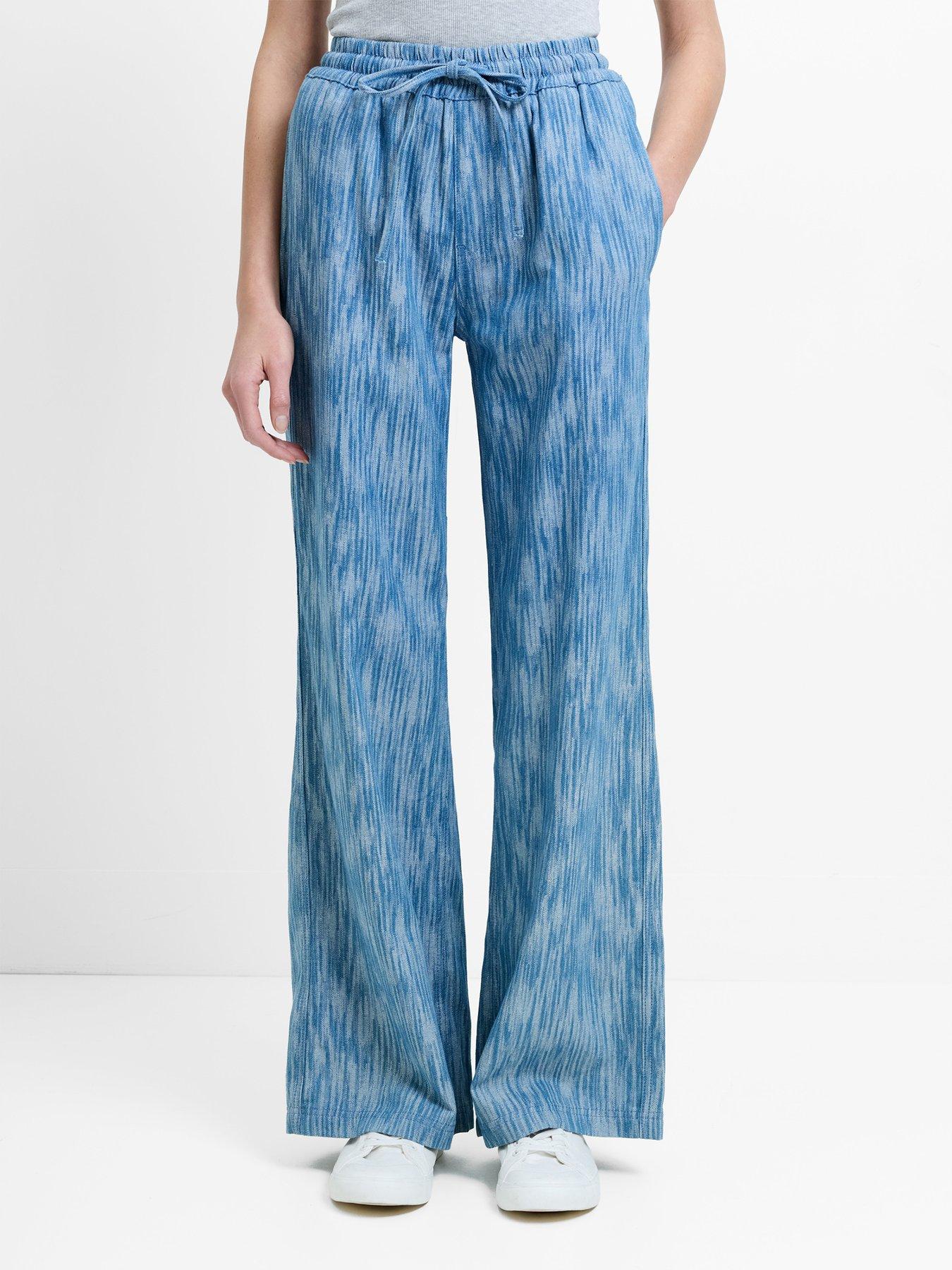 French Connection Cotton Blend Textured Denim-style Wide Leg Elasticated Trousers