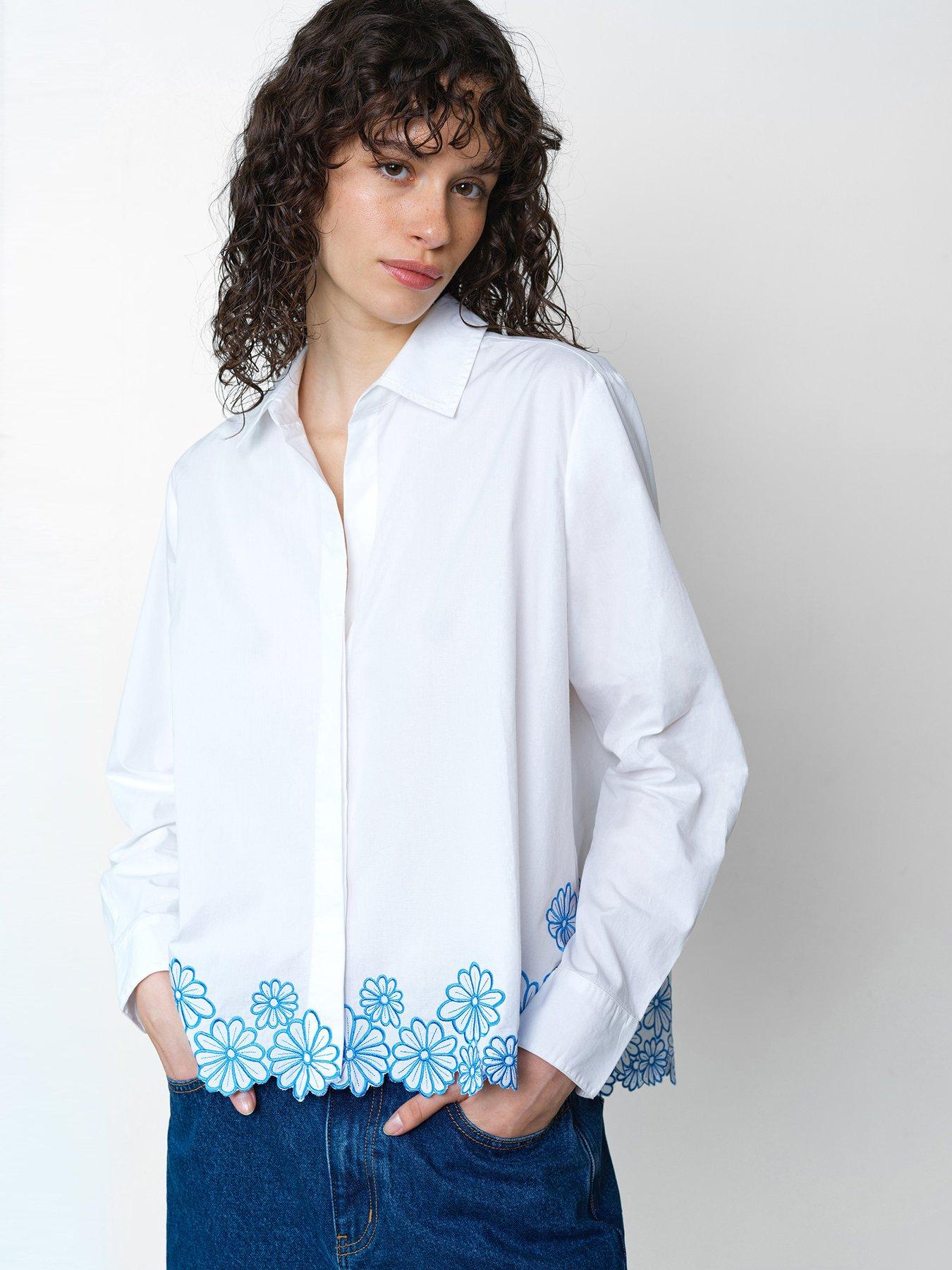 French Connection Cotton Long Sleeve Floral Embroidered Hem Shirt - White