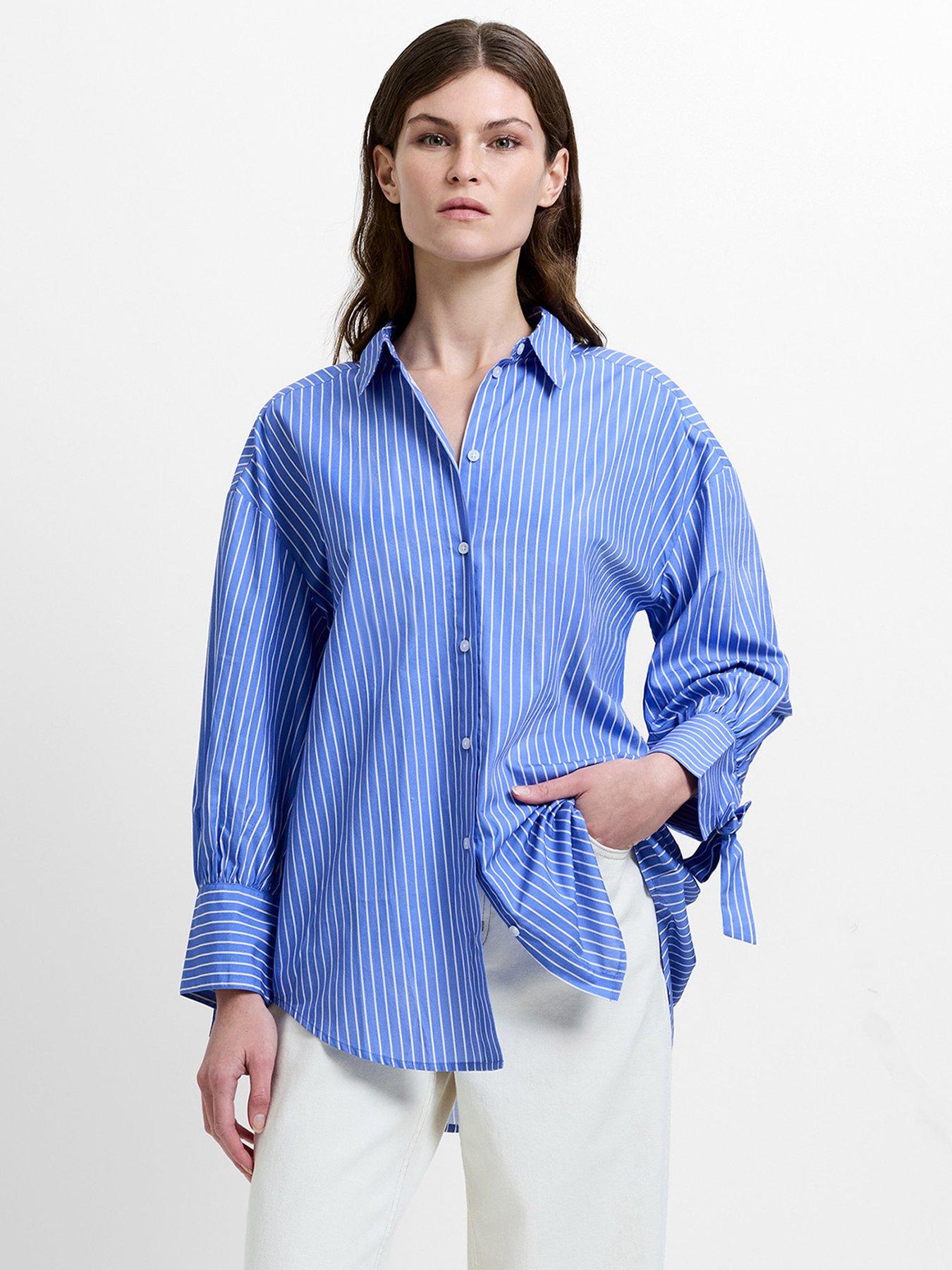 French Connection Cotton Long Sleeve Striped Back Bow Shirt - Blue